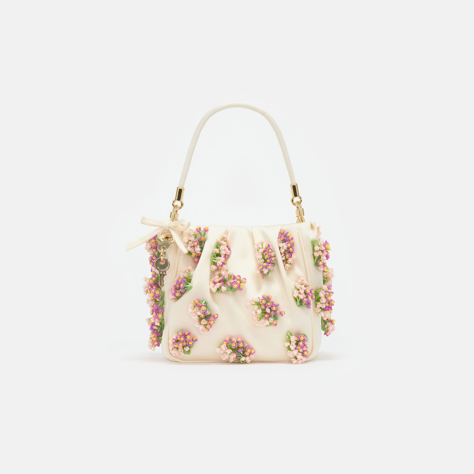 Cream Satin Floral Beaded Tote Bag