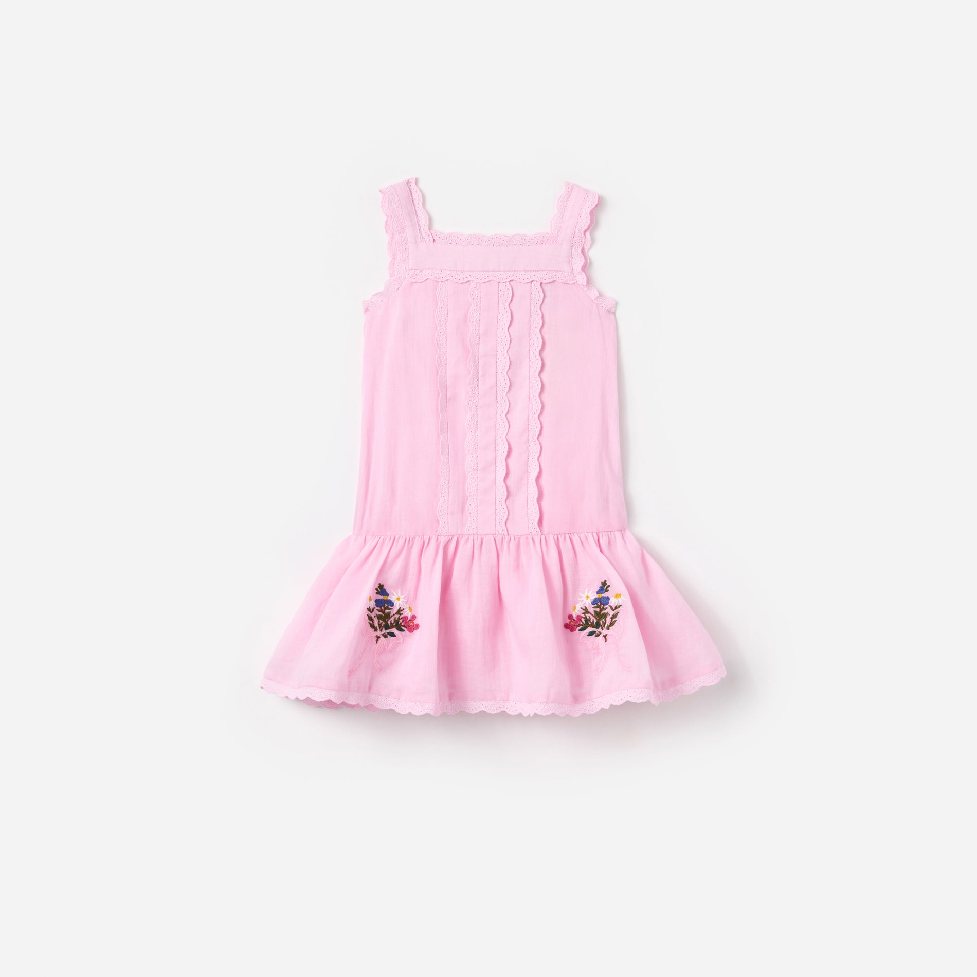 Pink Ramie Flower Embroidered Dress