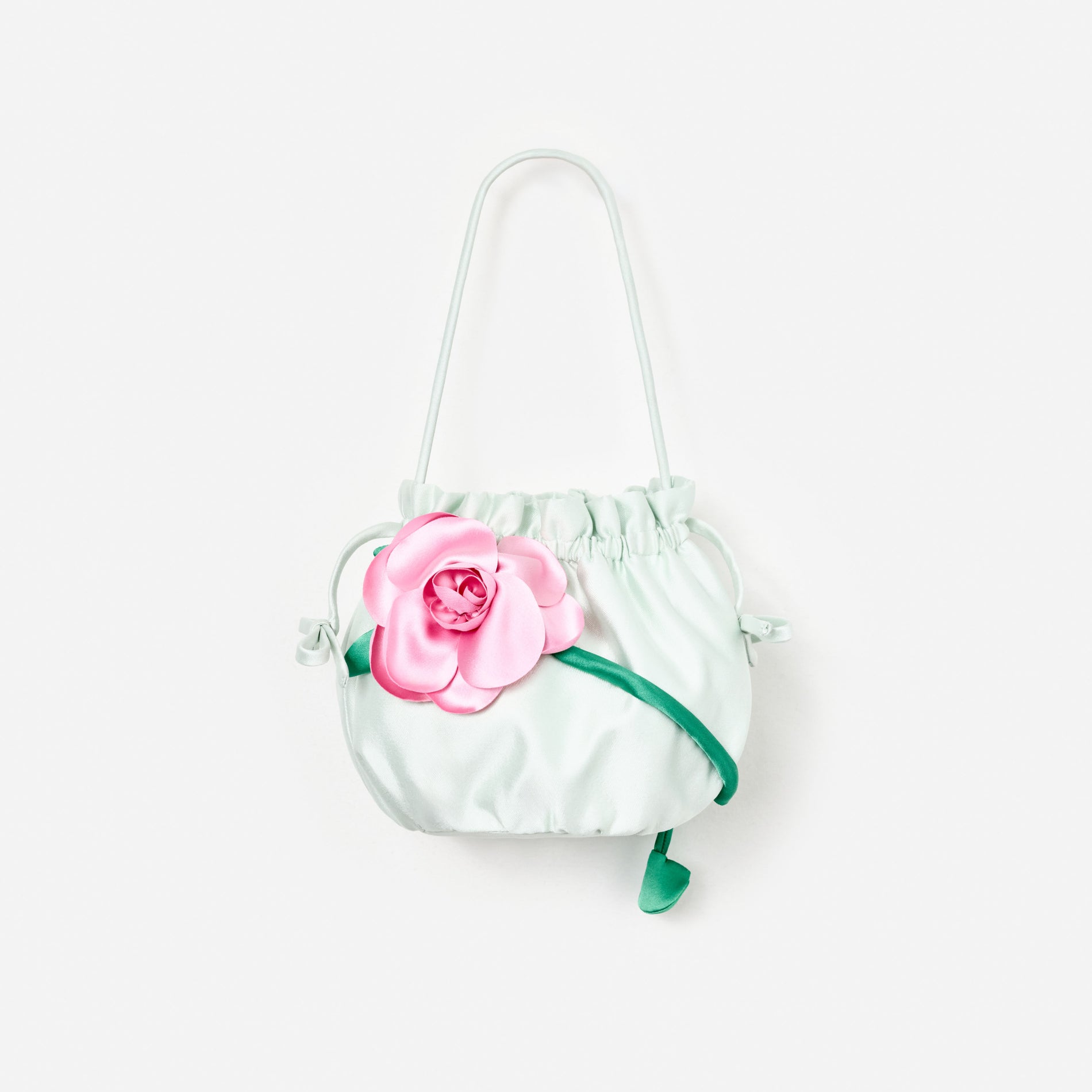Mint Taffeta 3D Flower Pouch Bag