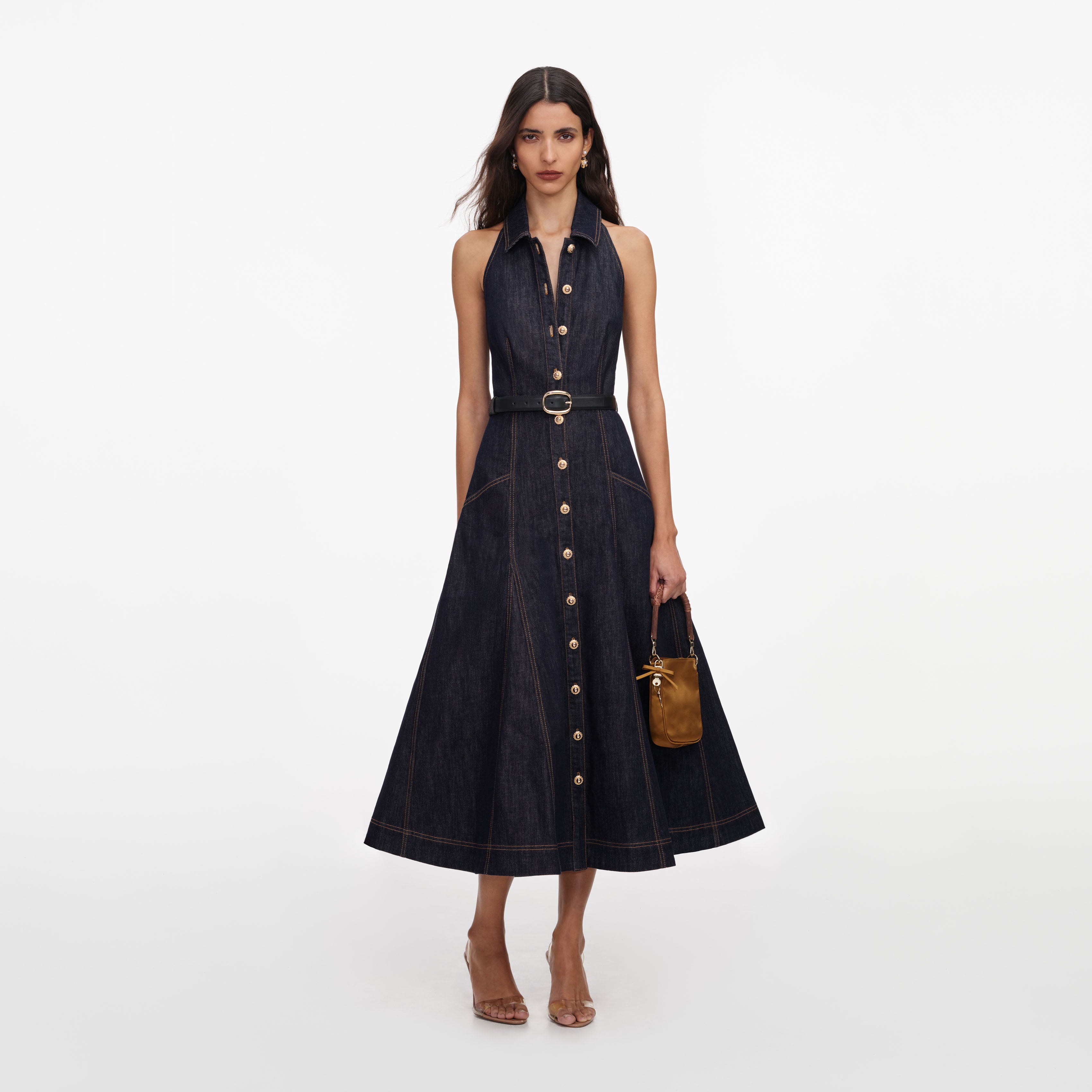 self.portrait denim.dress Indigo Denim Halterneck Midi Dress – self-portrait Embellished the brand has experienced Waist Size:30″ No Lining How To Wear Bodycon
