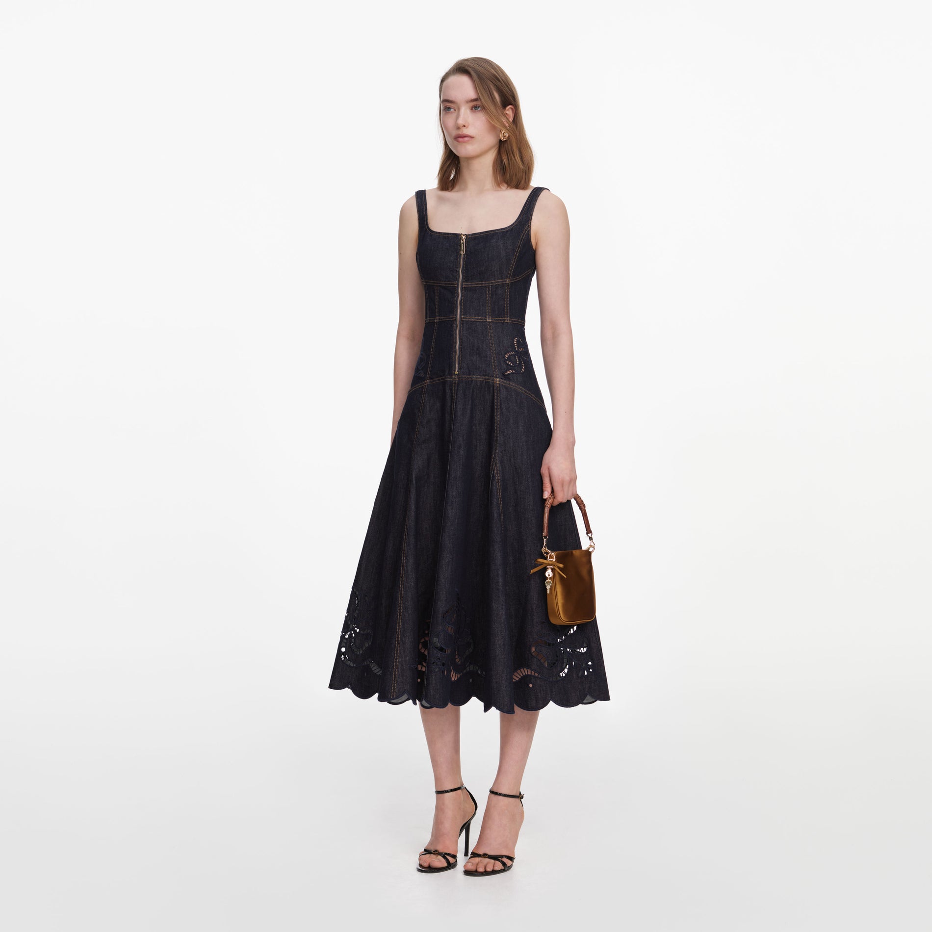 Indigo Denim Bow Embroidered Midi Dress