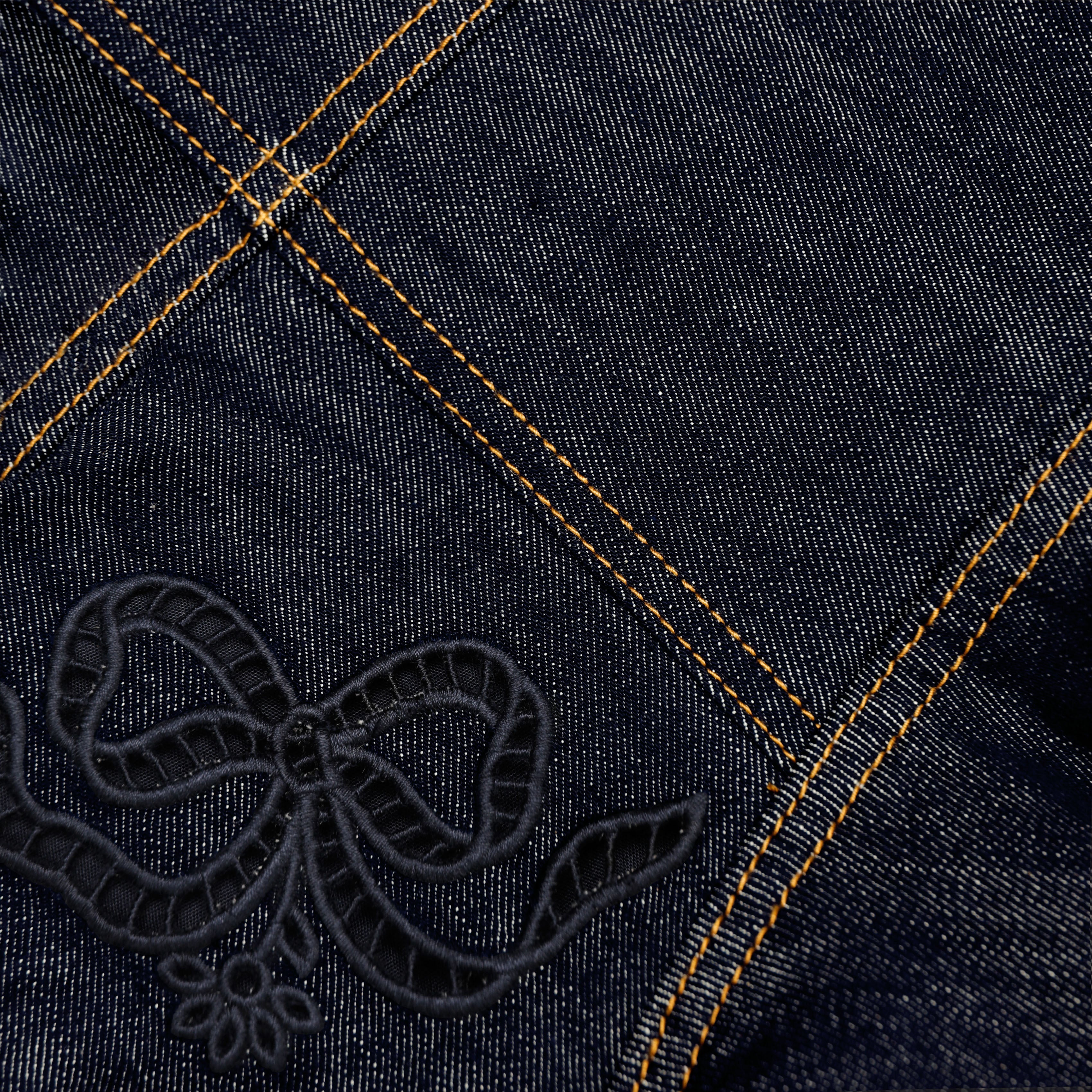 Indigo Denim Bow Embroidered Mini Dress