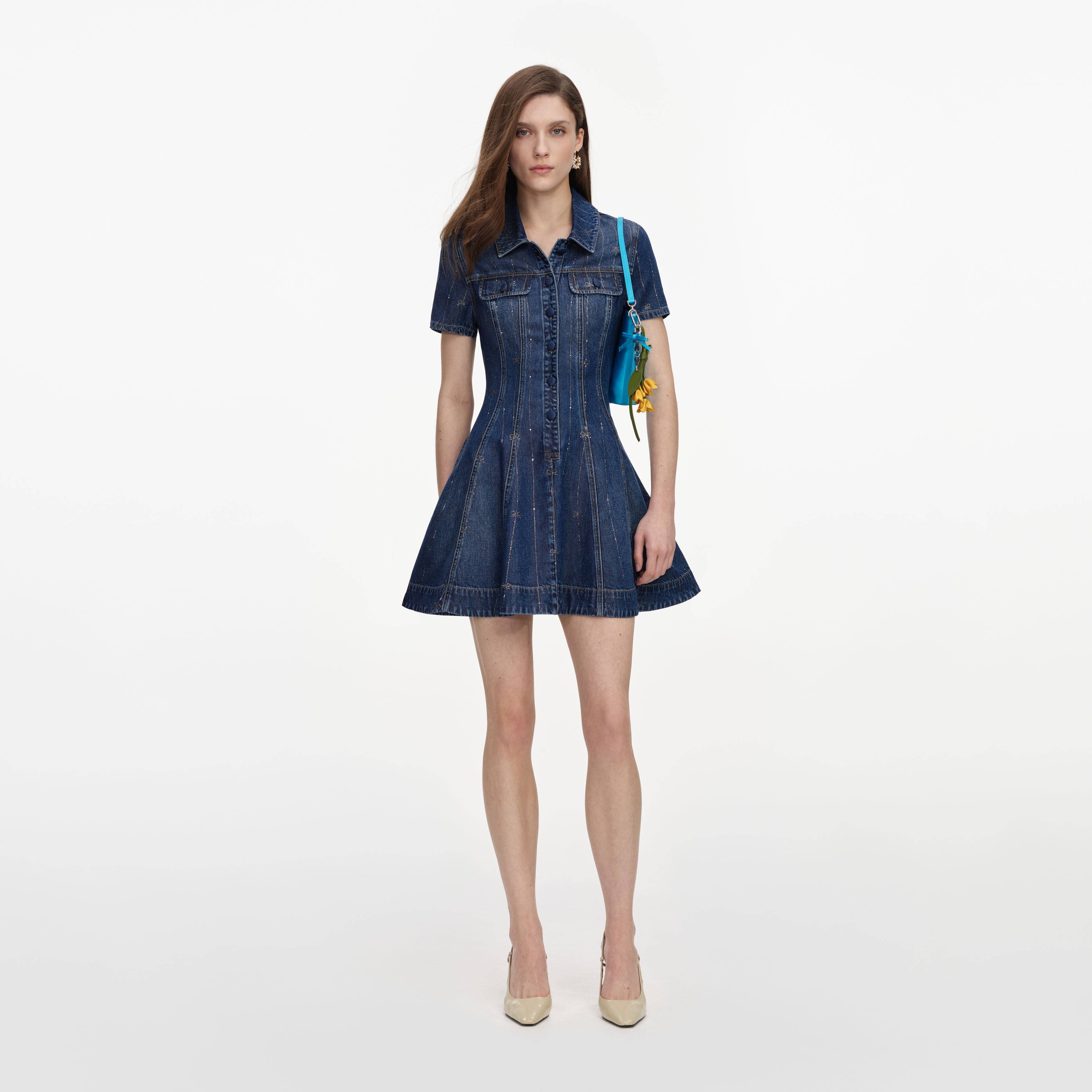 denim and rhinestone dress Rhinestone Stripe Denim Mini Dress – self-portrait