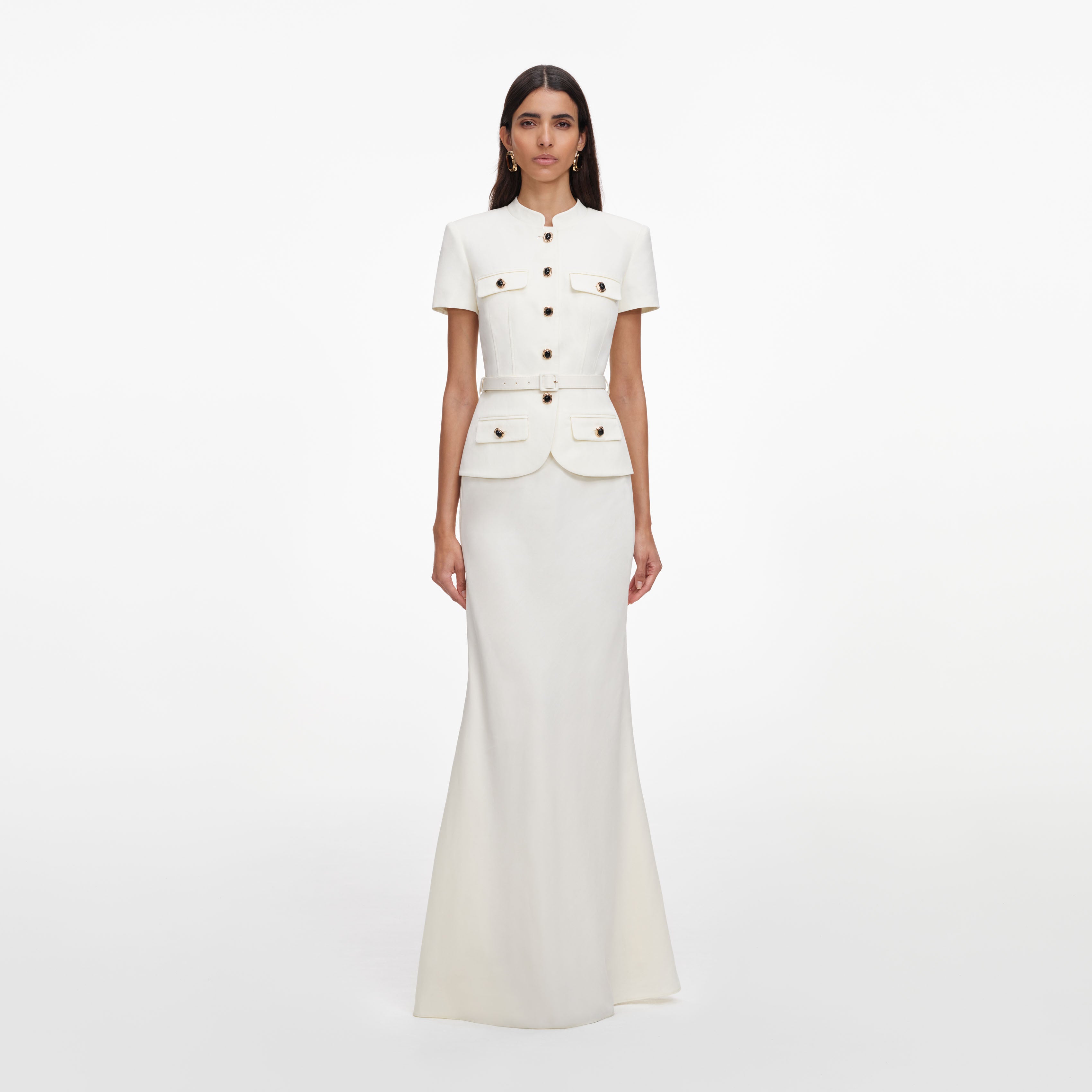 Cream Linen Blend Peplum Maxi Dress self-portrait Cream Linen Blend Peplum Maxi Dress self-portrait