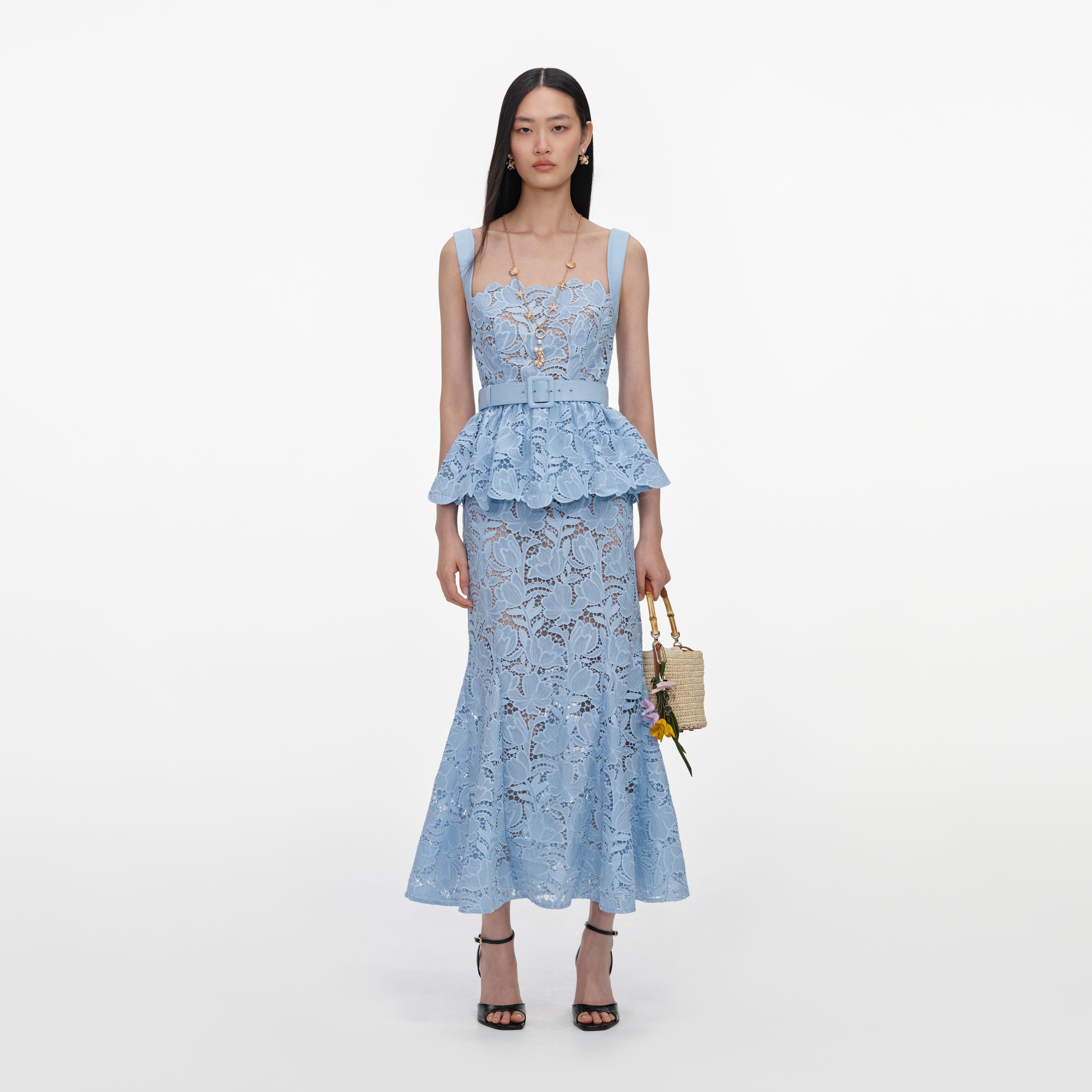 Blue Lace Peplum Midi Dress – self-portrait