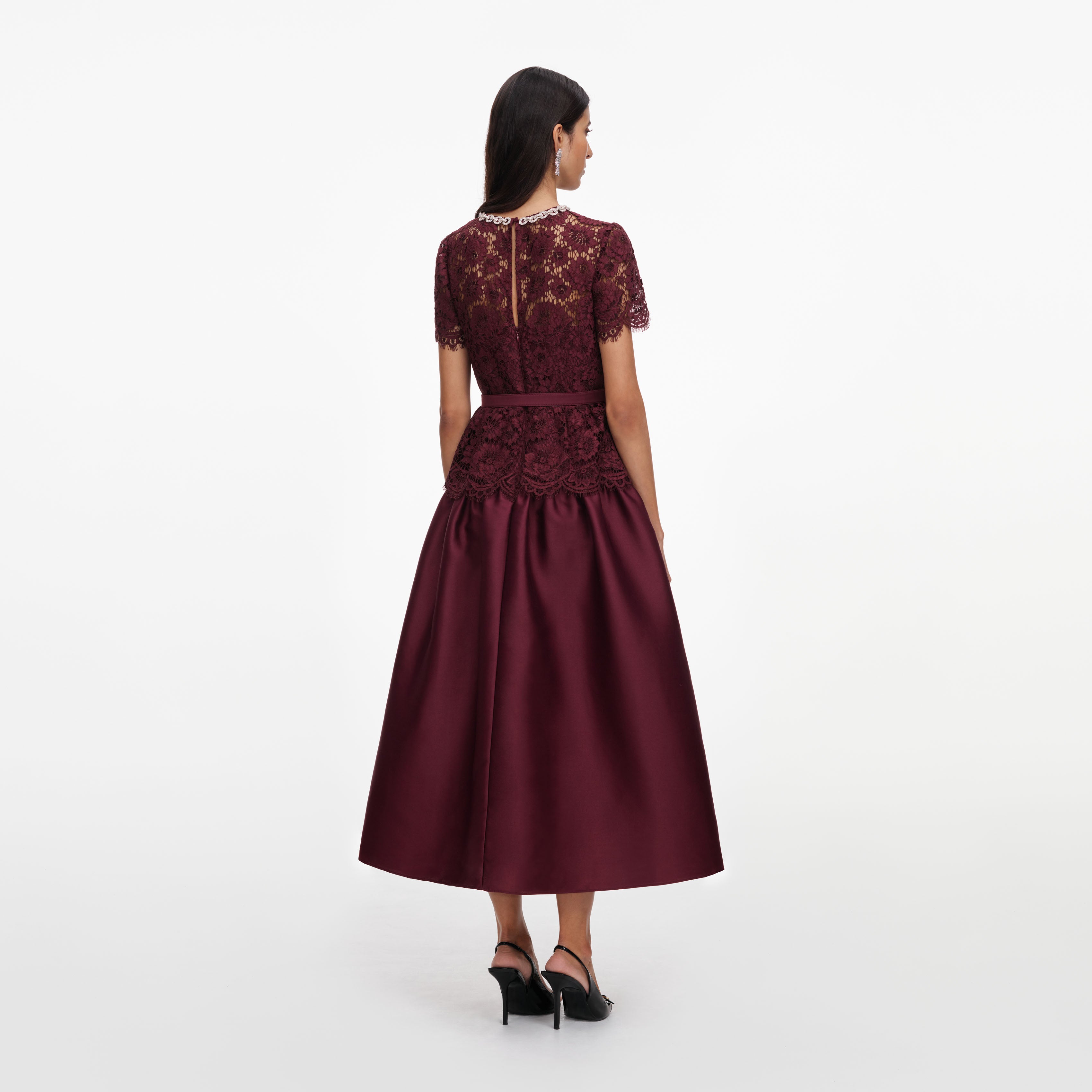 Burgundy Lace Taffeta Midi Dress