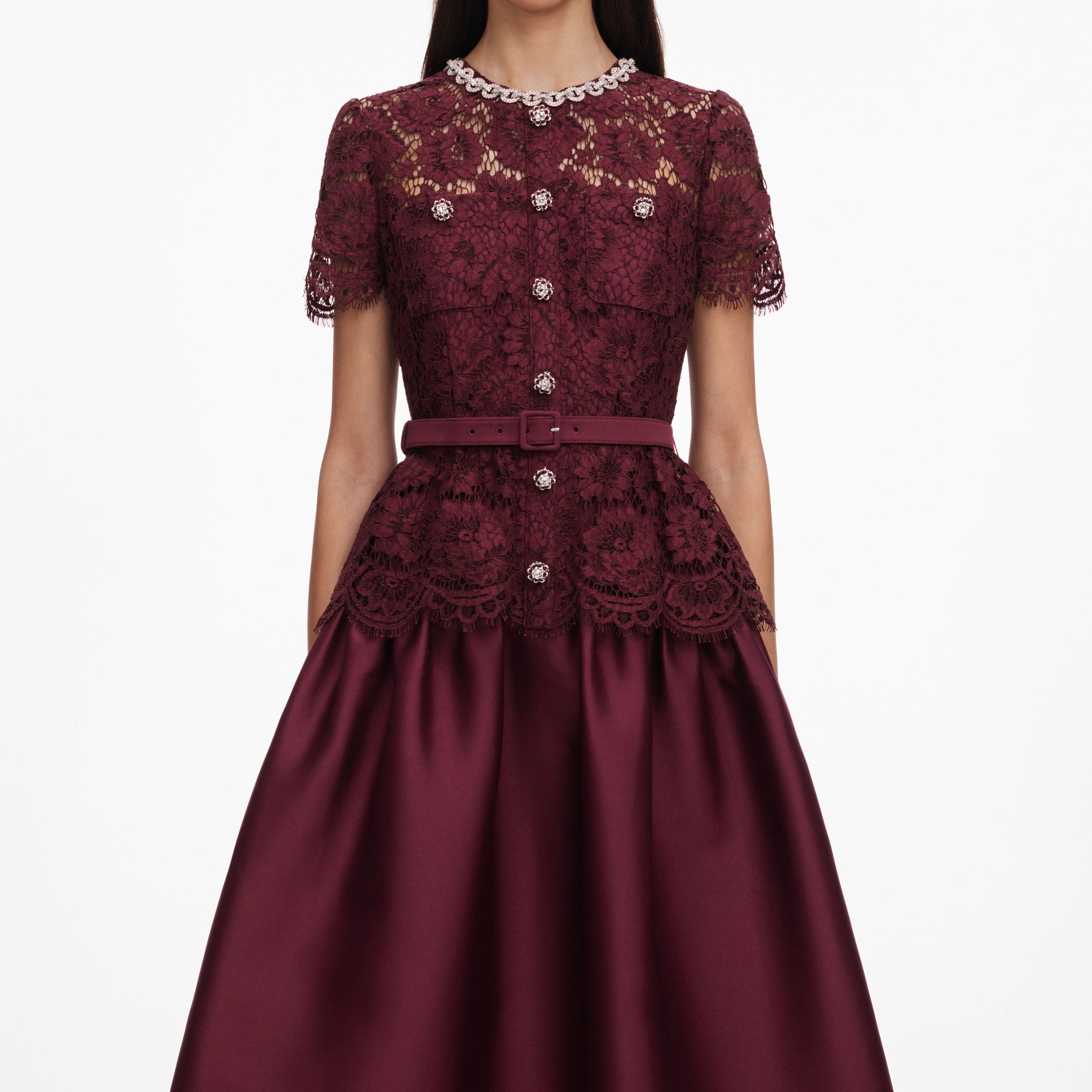 A close up of a woman wearing the Burgundy Lace Taffeta Midi Dress