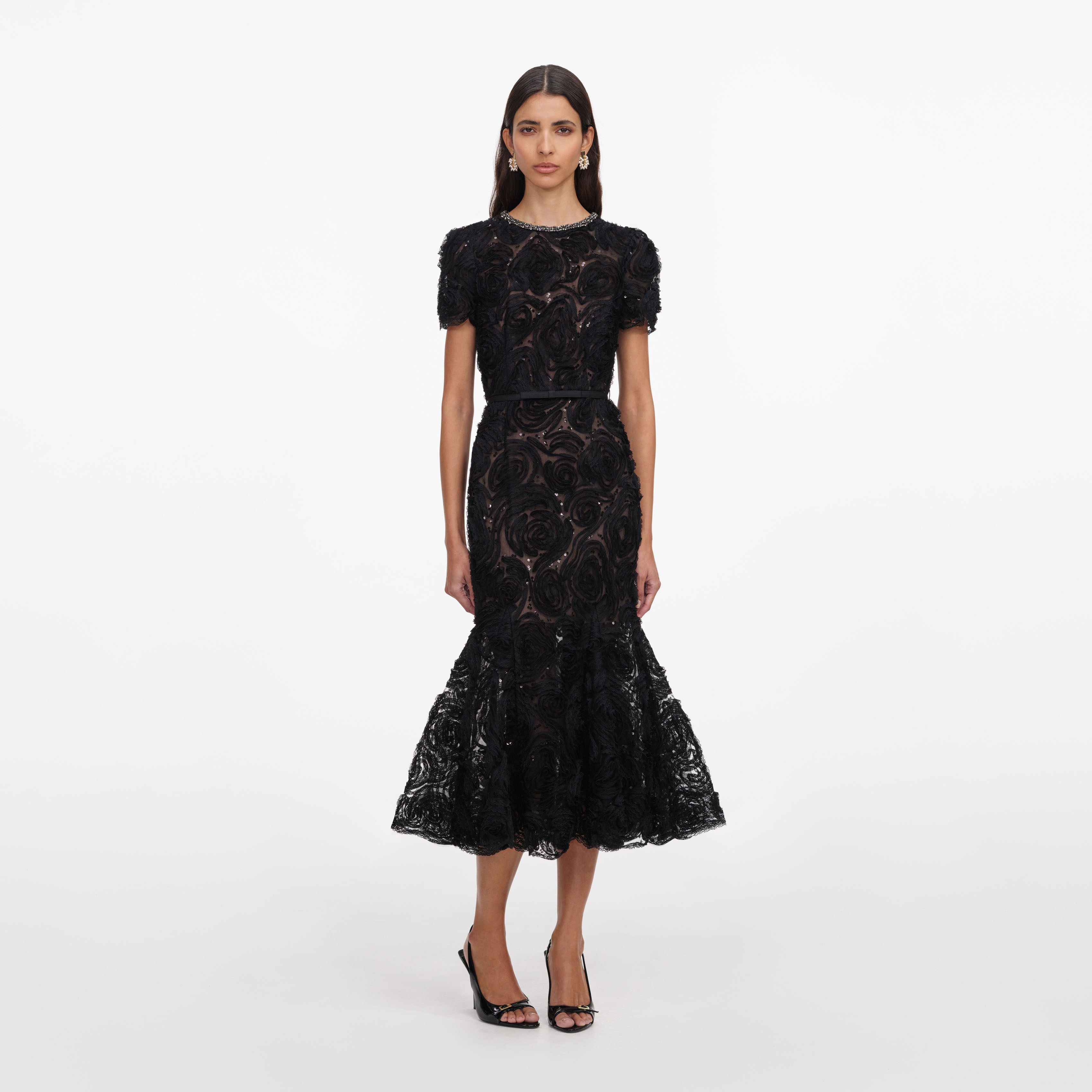 self-portrait 黒レースドレス　UK10 Black Tulle Lace Sequin Midi Dress – self-portrait