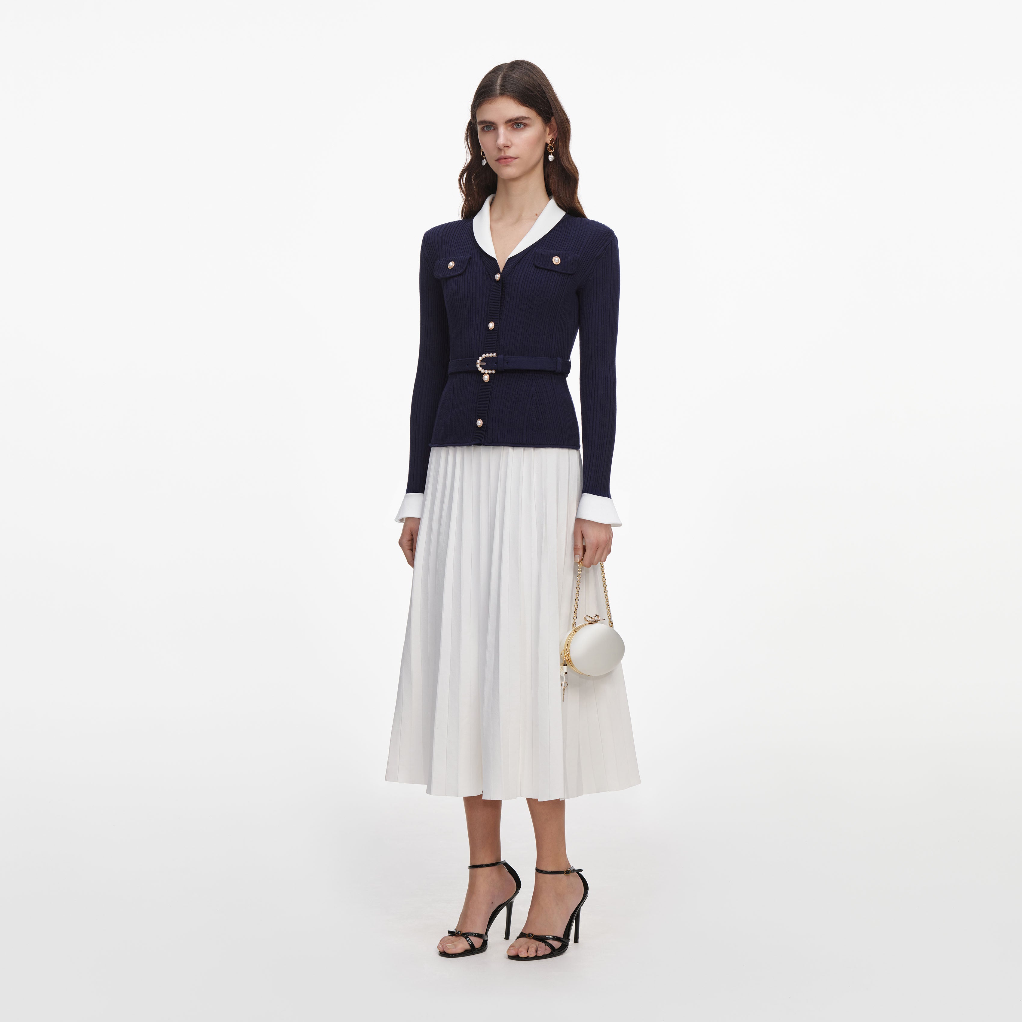 Navy Ribbed Knit Contrast Midi Dress