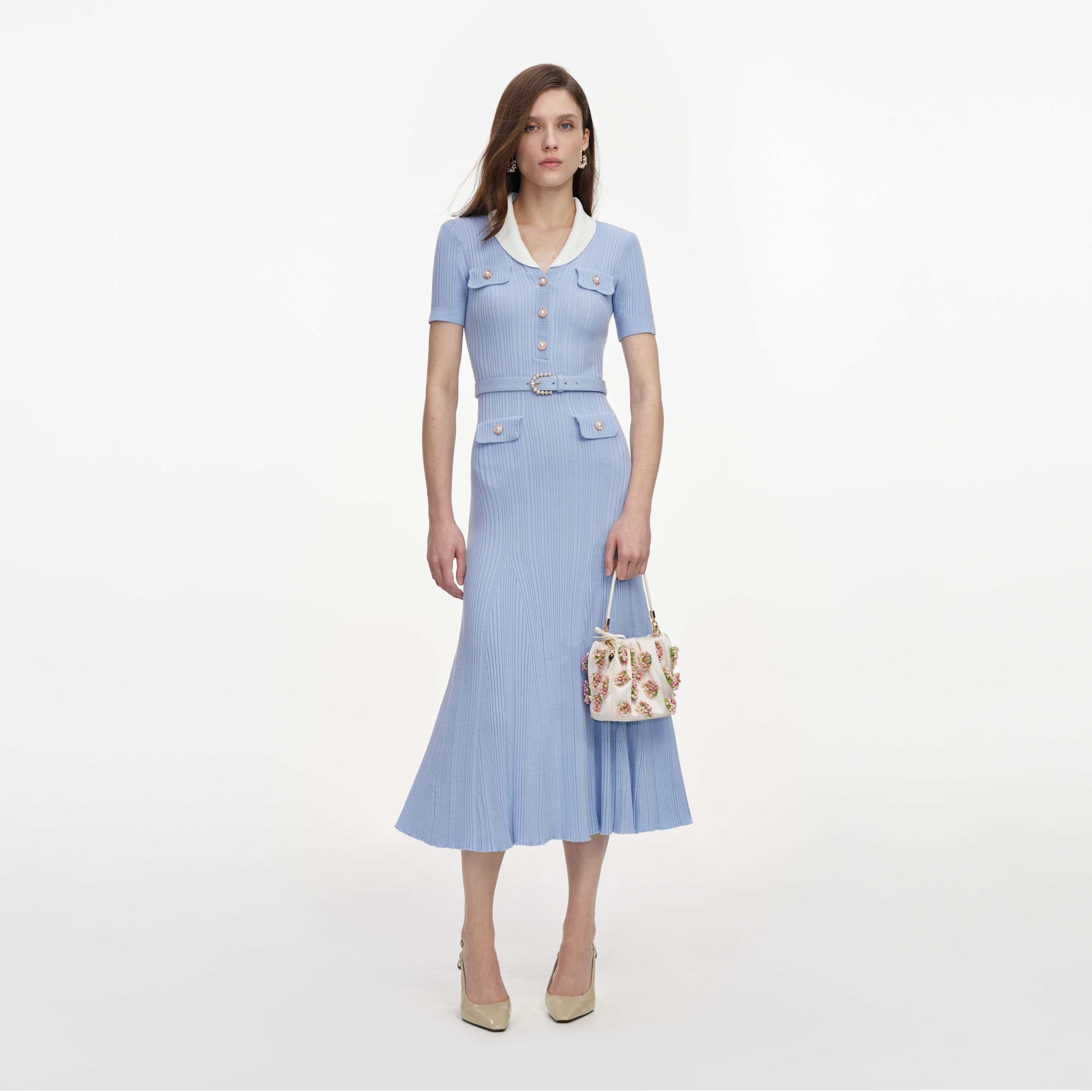self portrait rib knit midi dress Blue Ribbed Knit Midi Dress – self-portrait