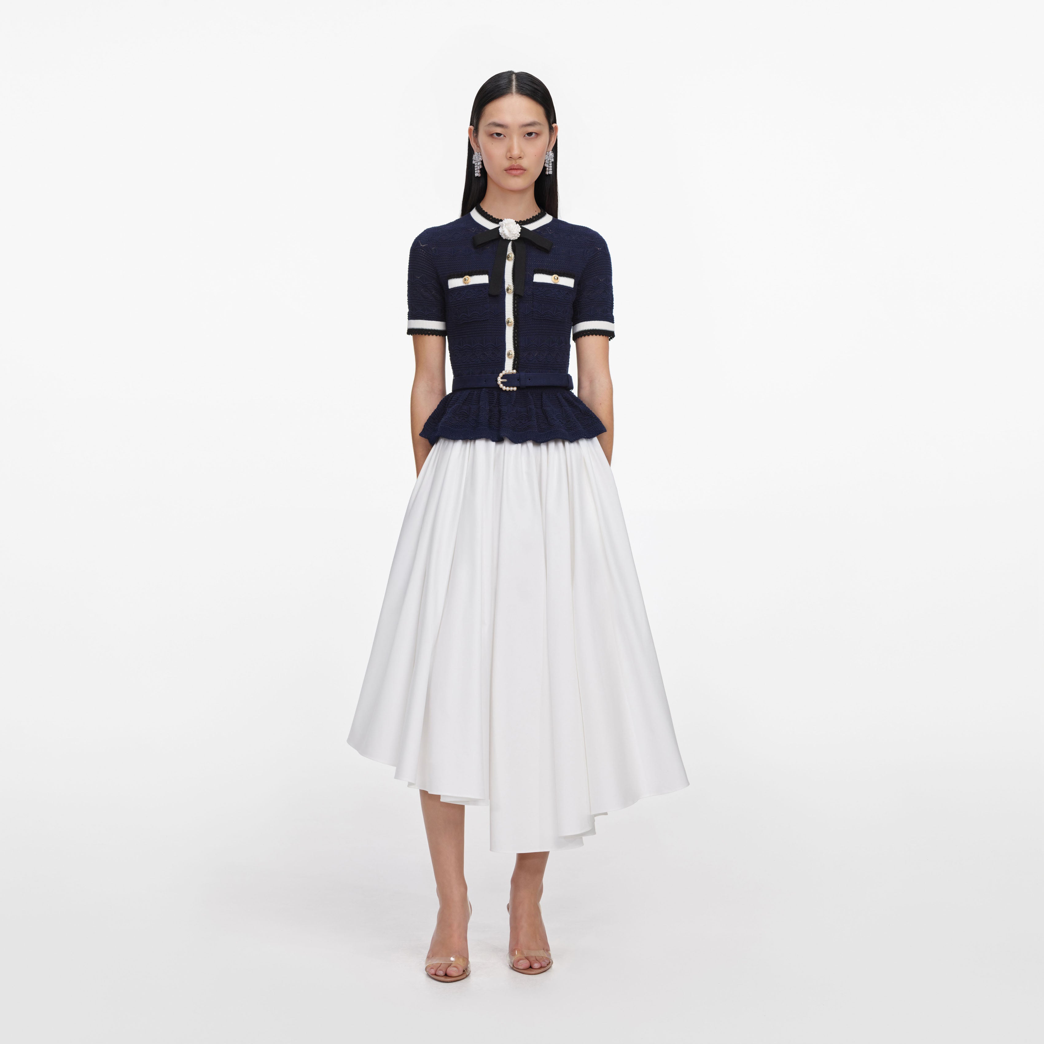 Navy Peplum Pointelle Knit Top – self-portrait