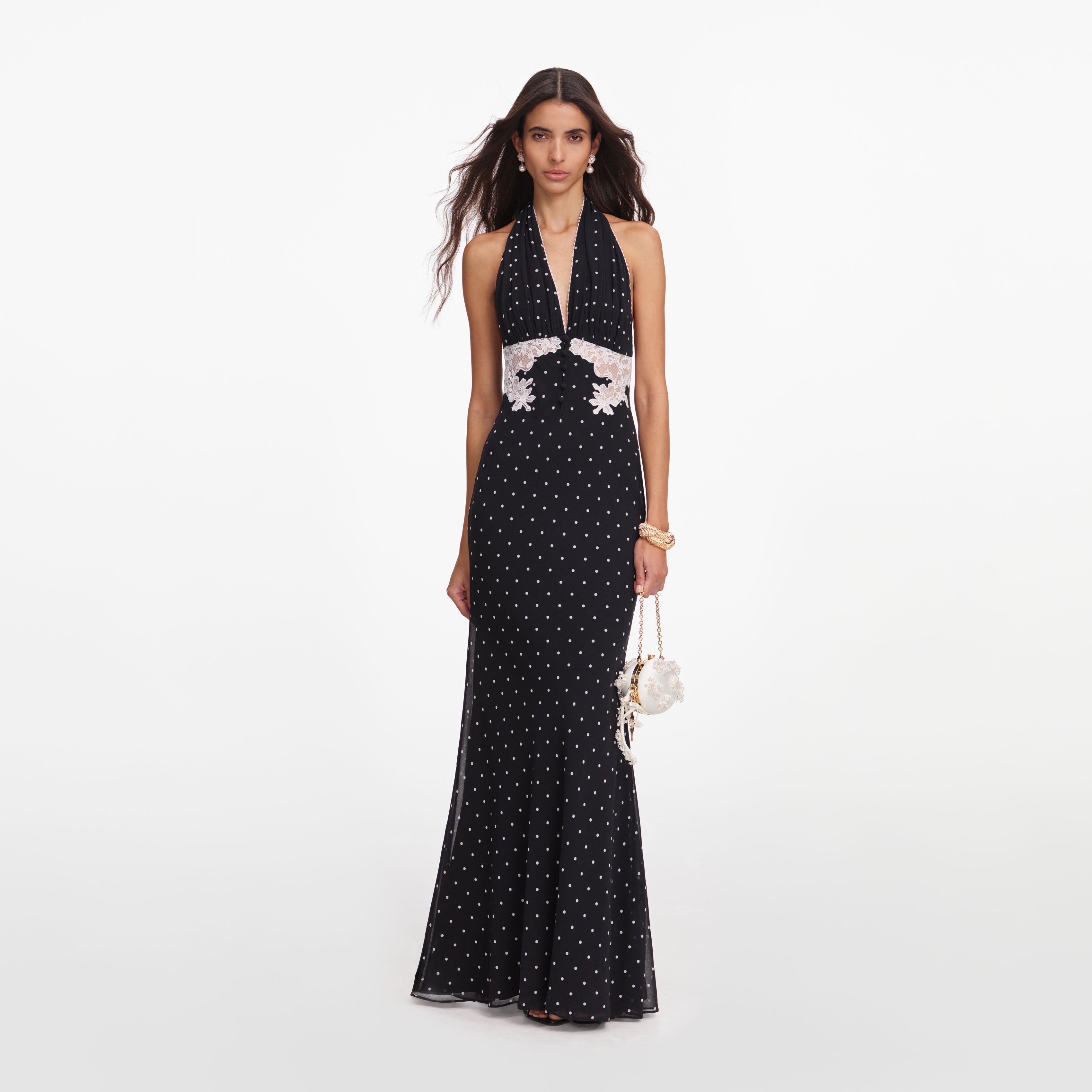 Black Polka Dot Halter Neck Maxi Dress  self-portrait