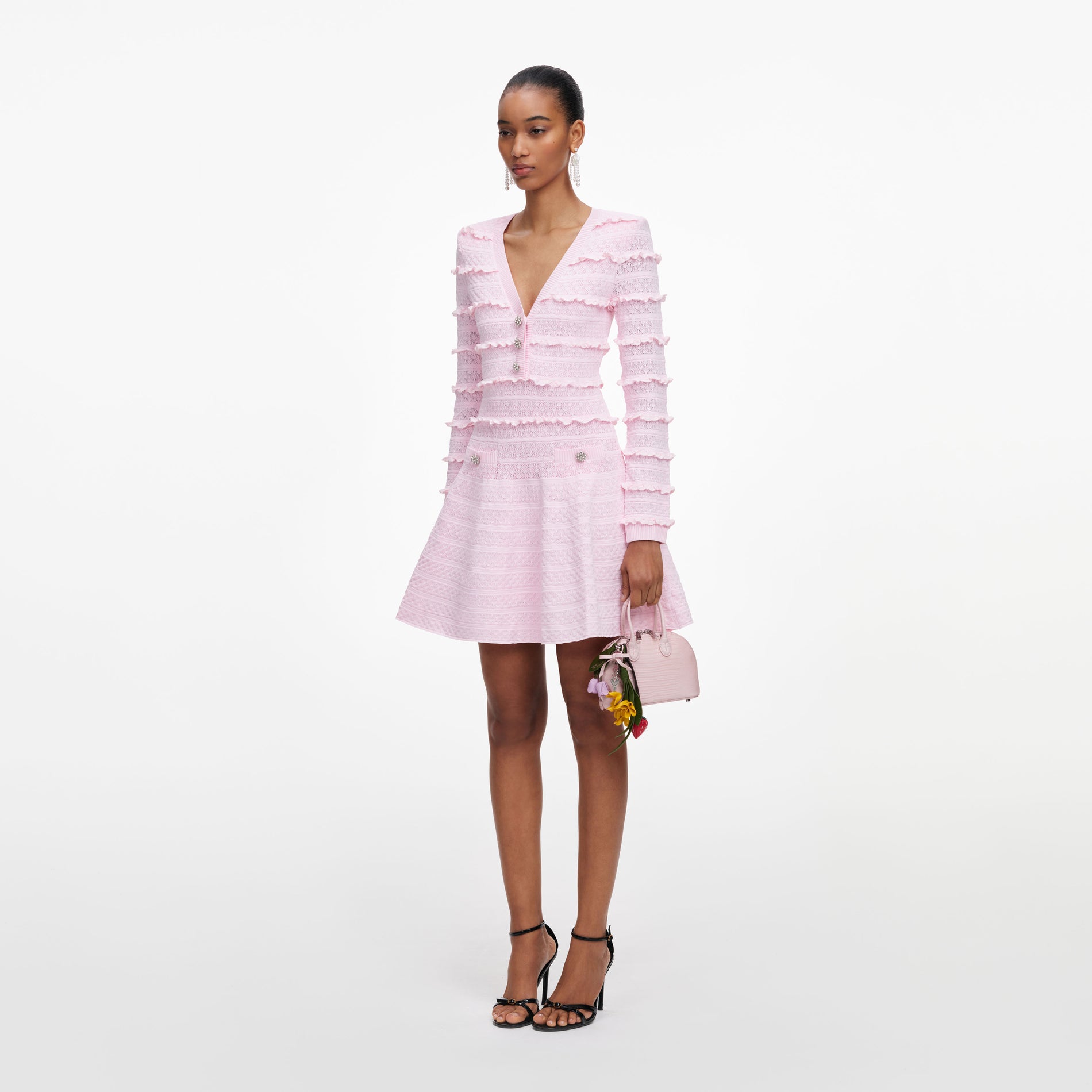 Pink Pointelle Diamante Knit Mini Dress