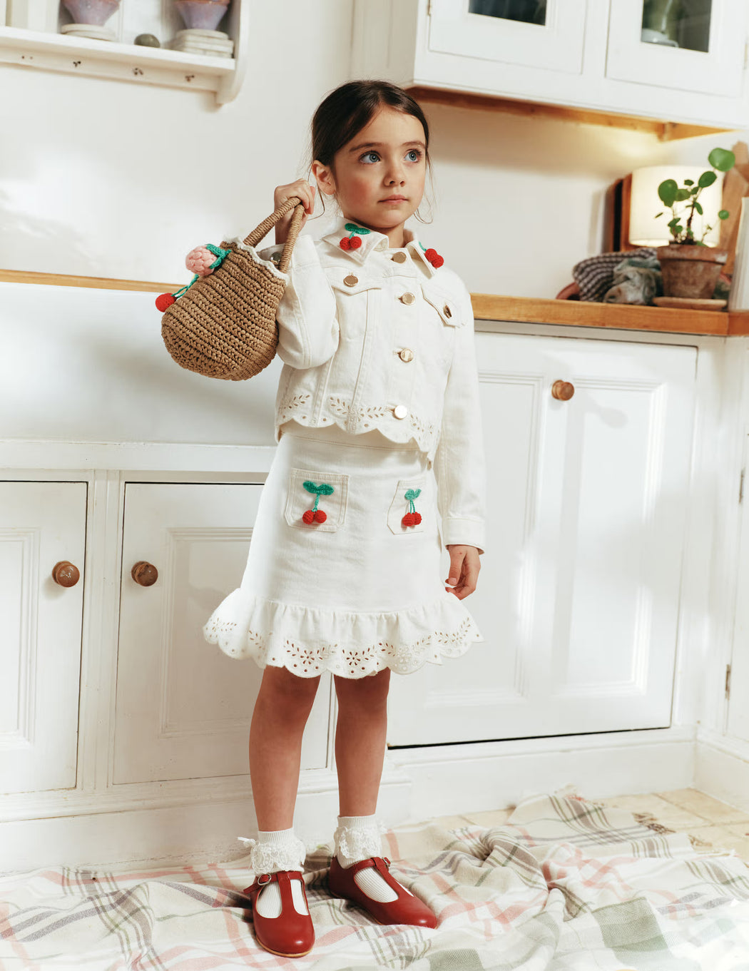 Cream Denim Cherry Motif Skirt