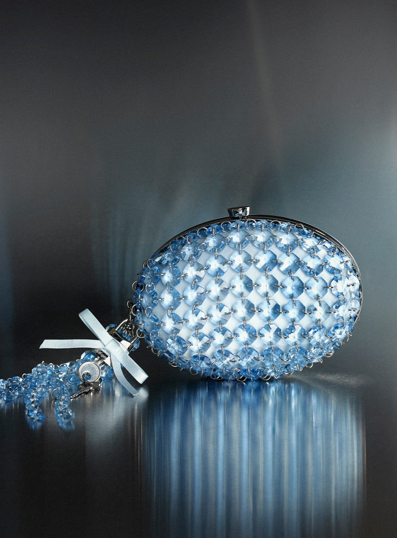 Blue Oval Crystal Chain Clutch Bag