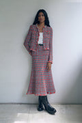 Red Check Frayed Knit Midi Skirt