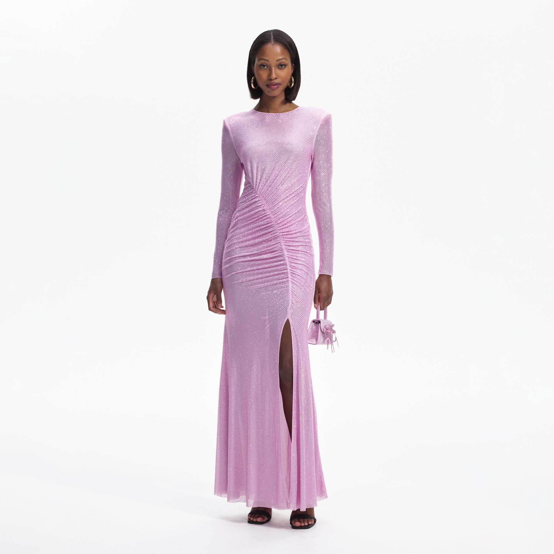 Front view of a woman wearing the Pink Rhinestone Mesh Maxi Dress