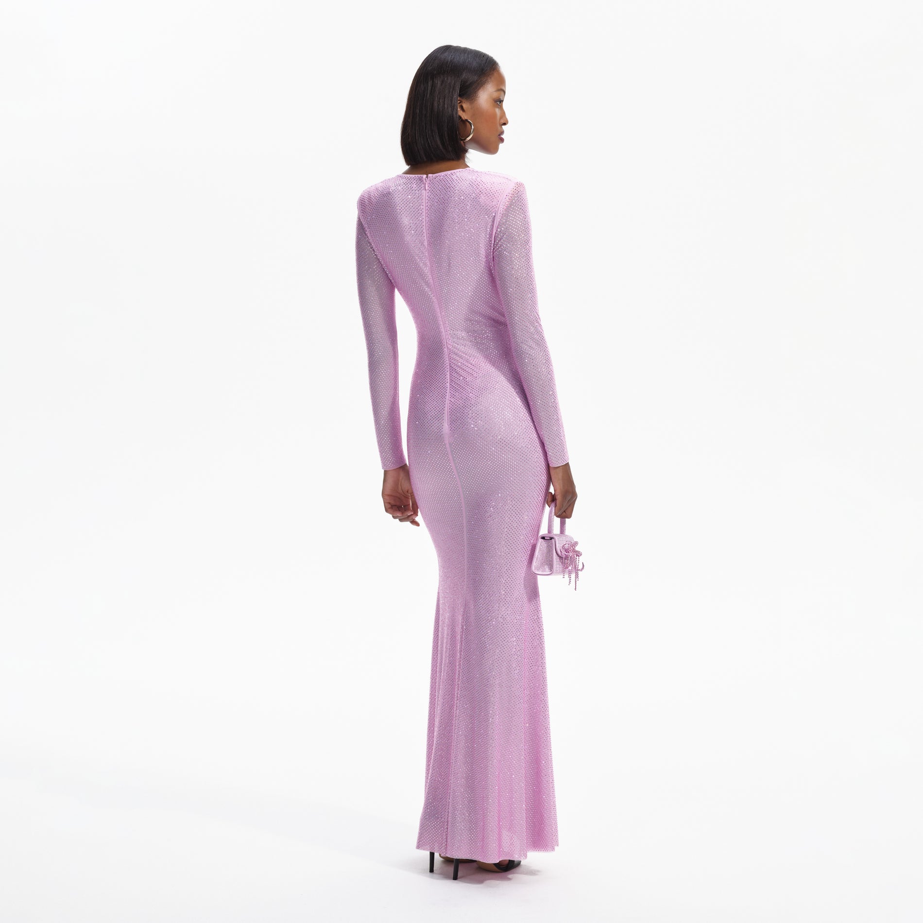 Back view of a woman wearing the Pink Rhinestone Mesh Maxi Dress