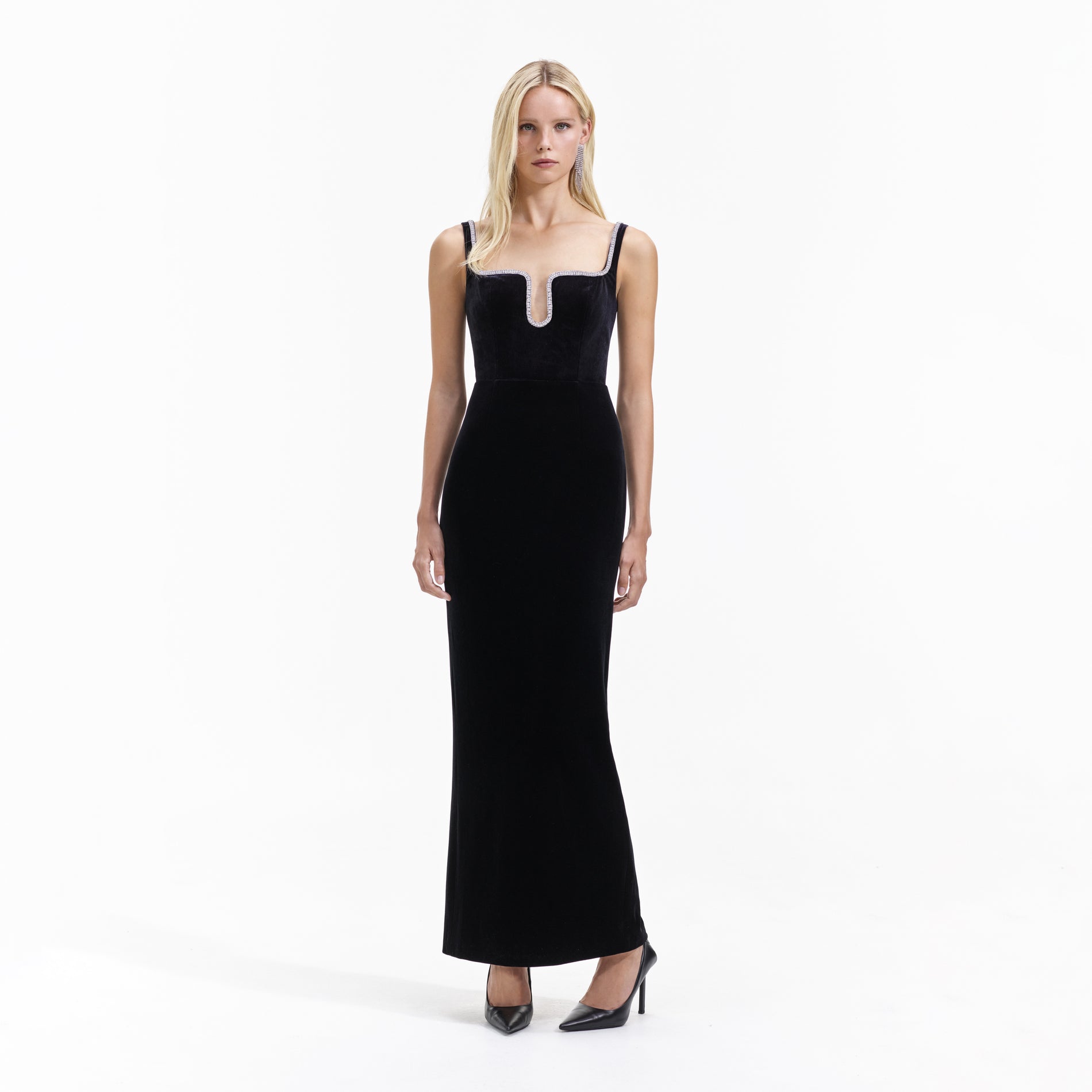 Front view of a woman wearing the Black Velvet Maxi Dress