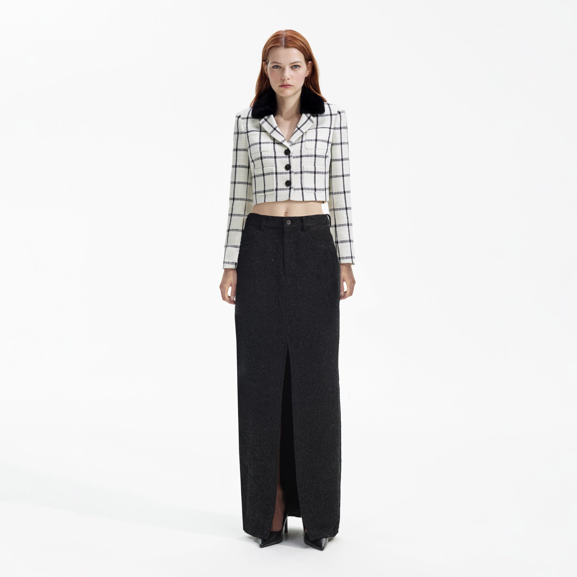 Front view of a woman wearing the Cream Check Jacket