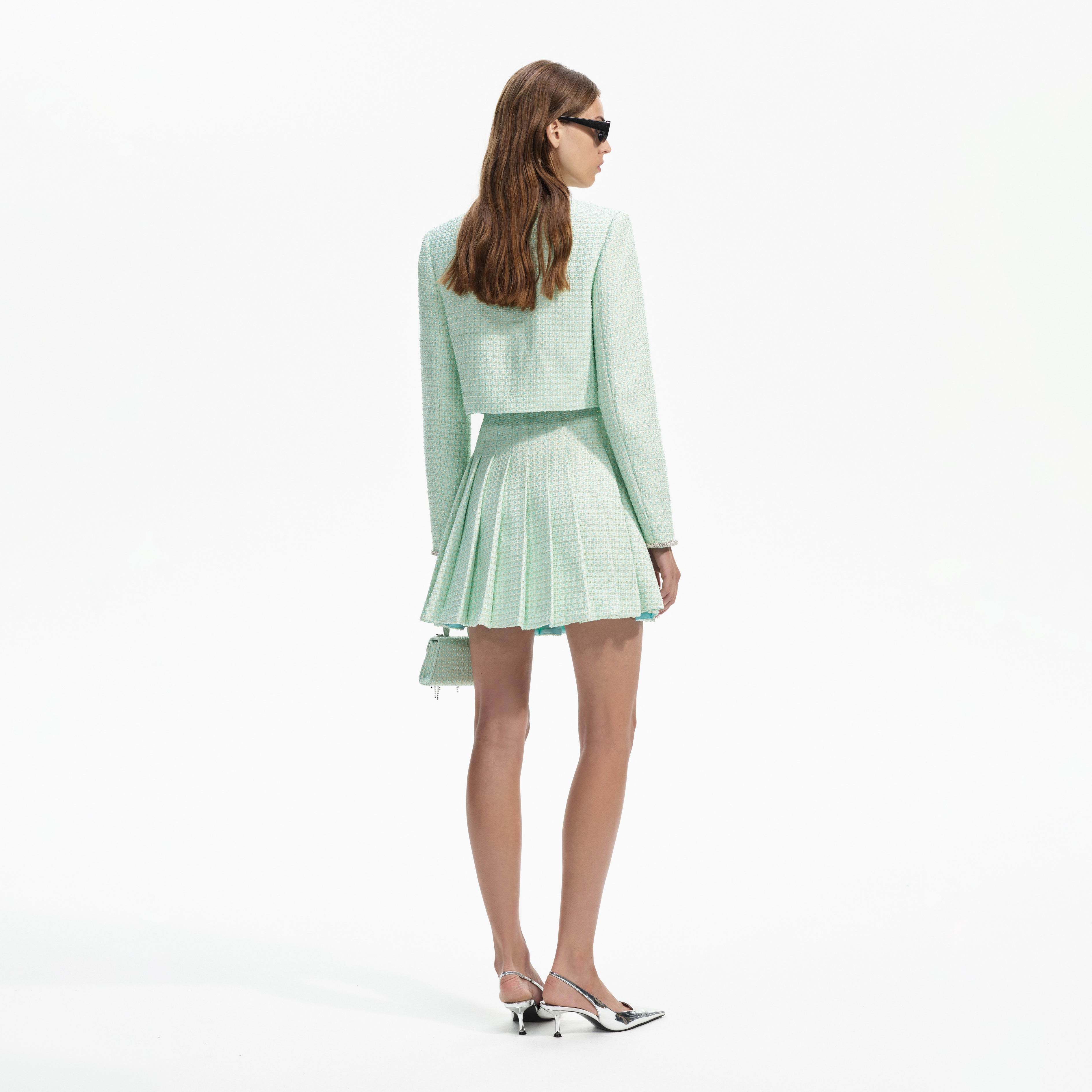Mint Boucle Pleated Mini Skirt