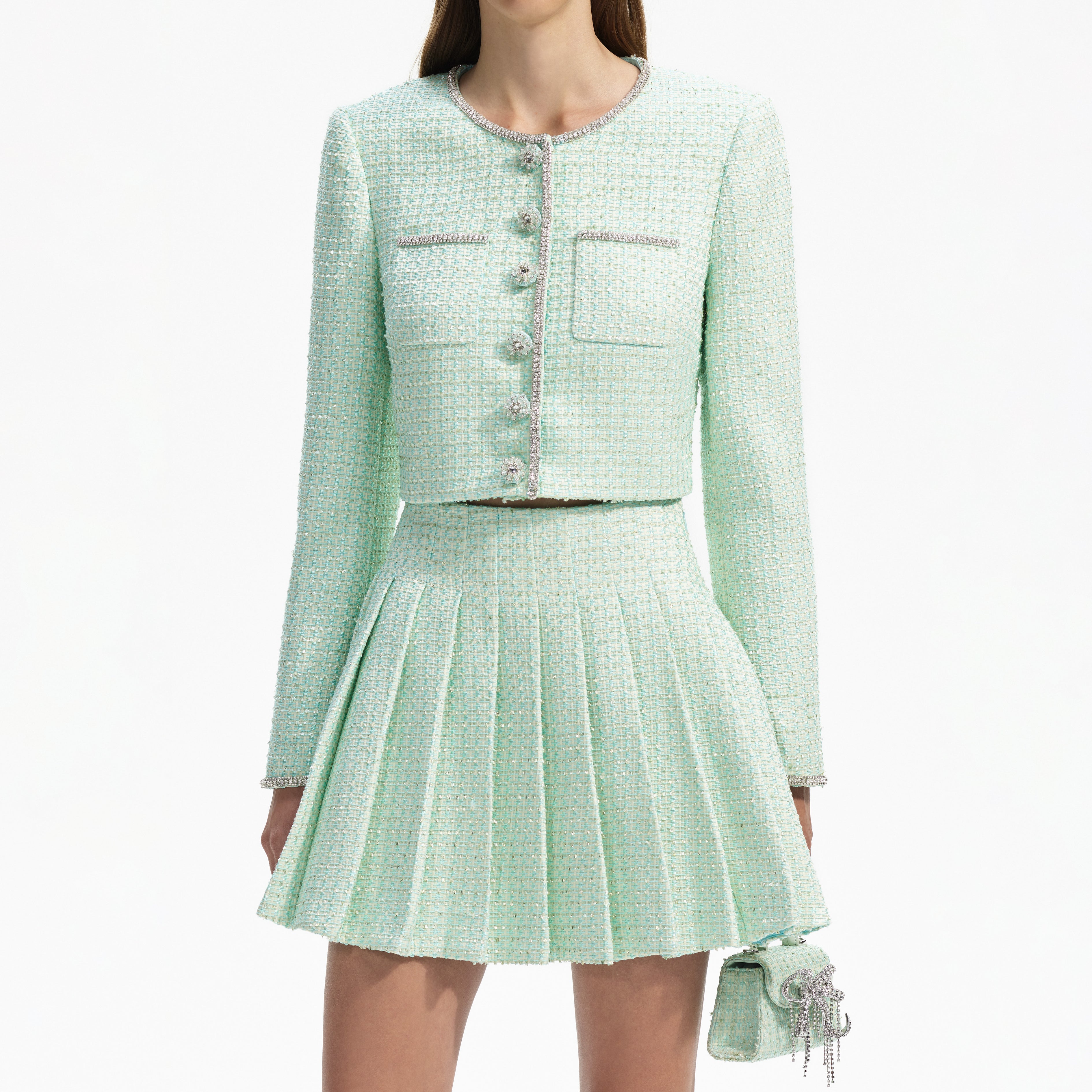 Mint Boucle Pleated Mini Skirt