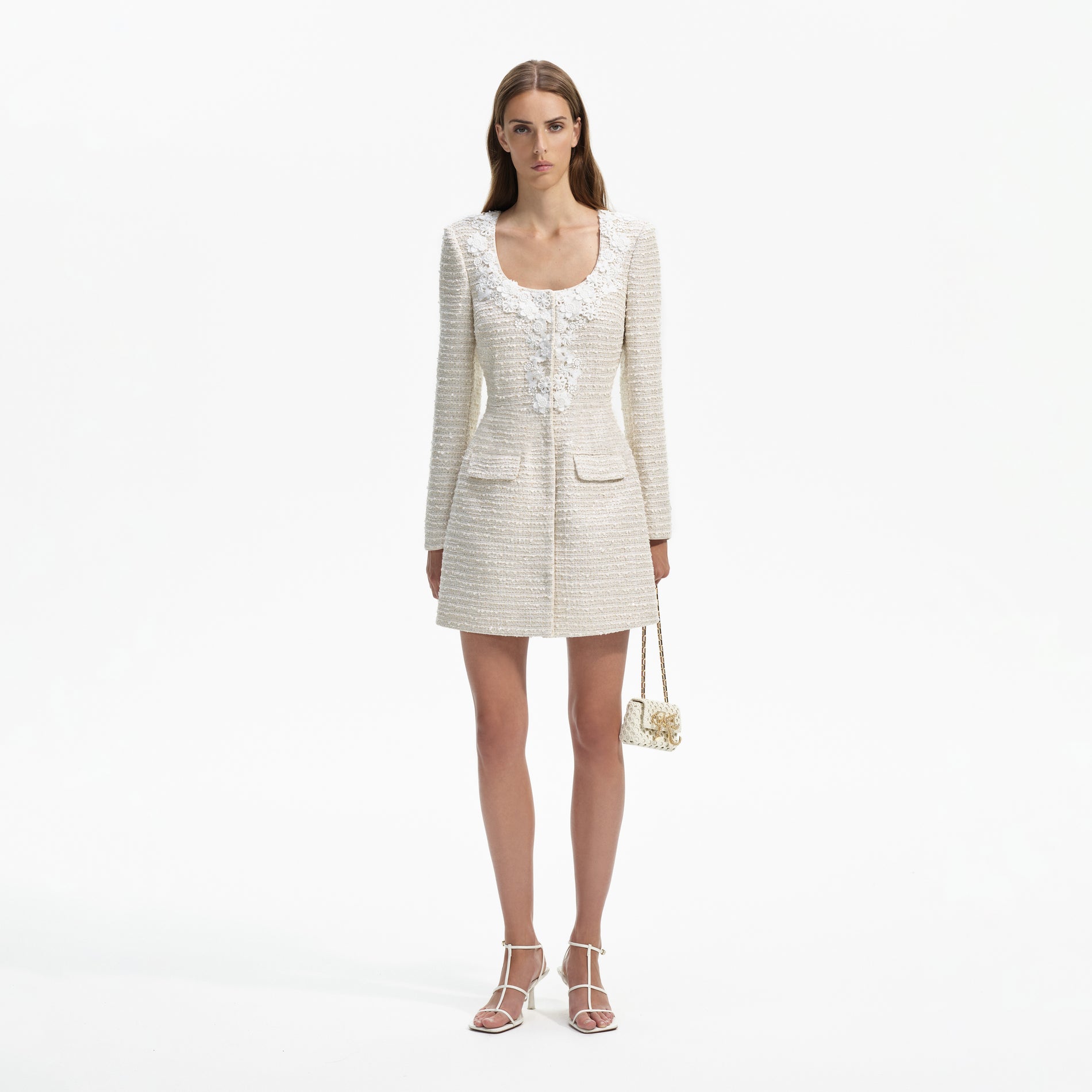 Front view of a woman wearing the Gold Boucle Floral Trim Mini Dress