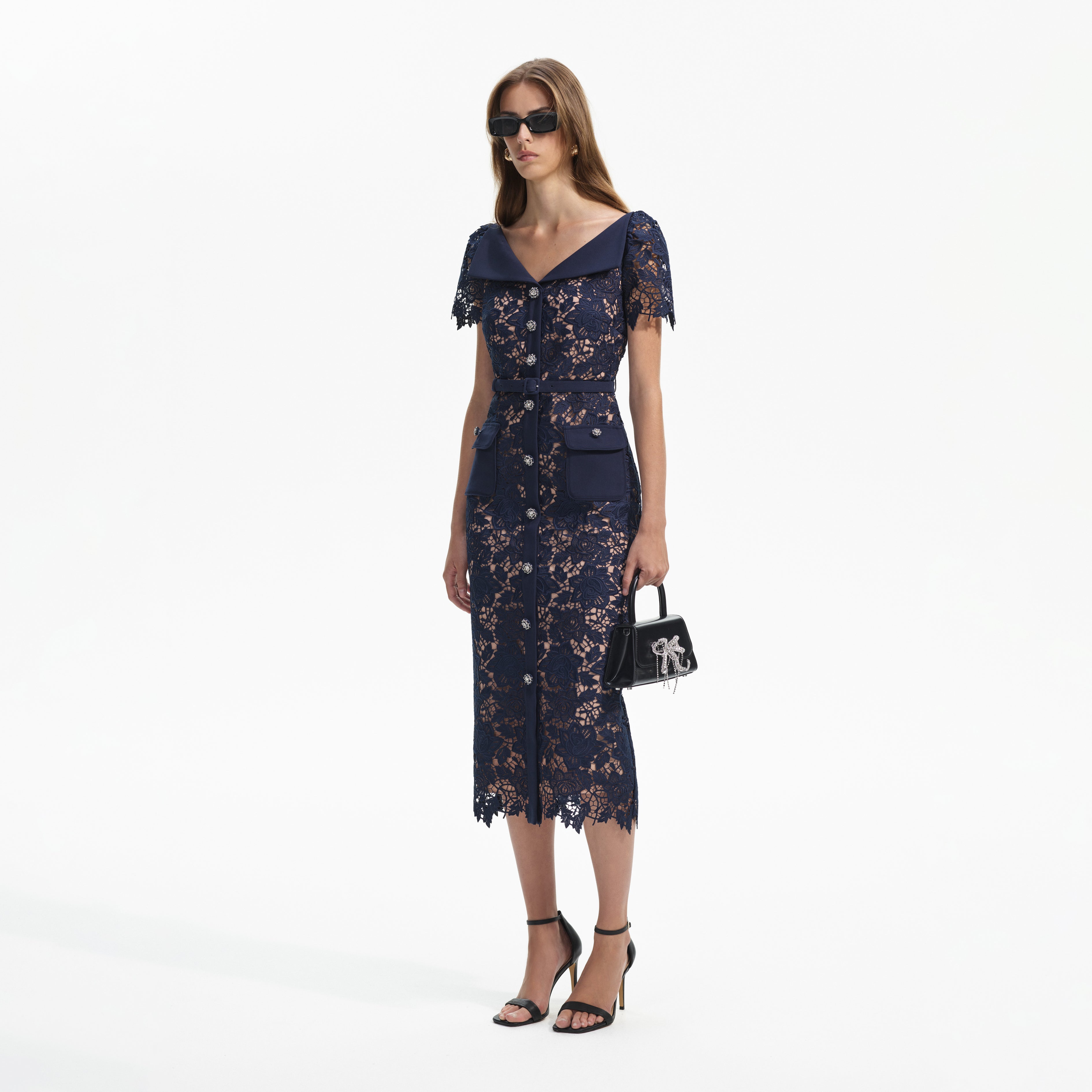 Navy Lace Open Neck Midi Dress