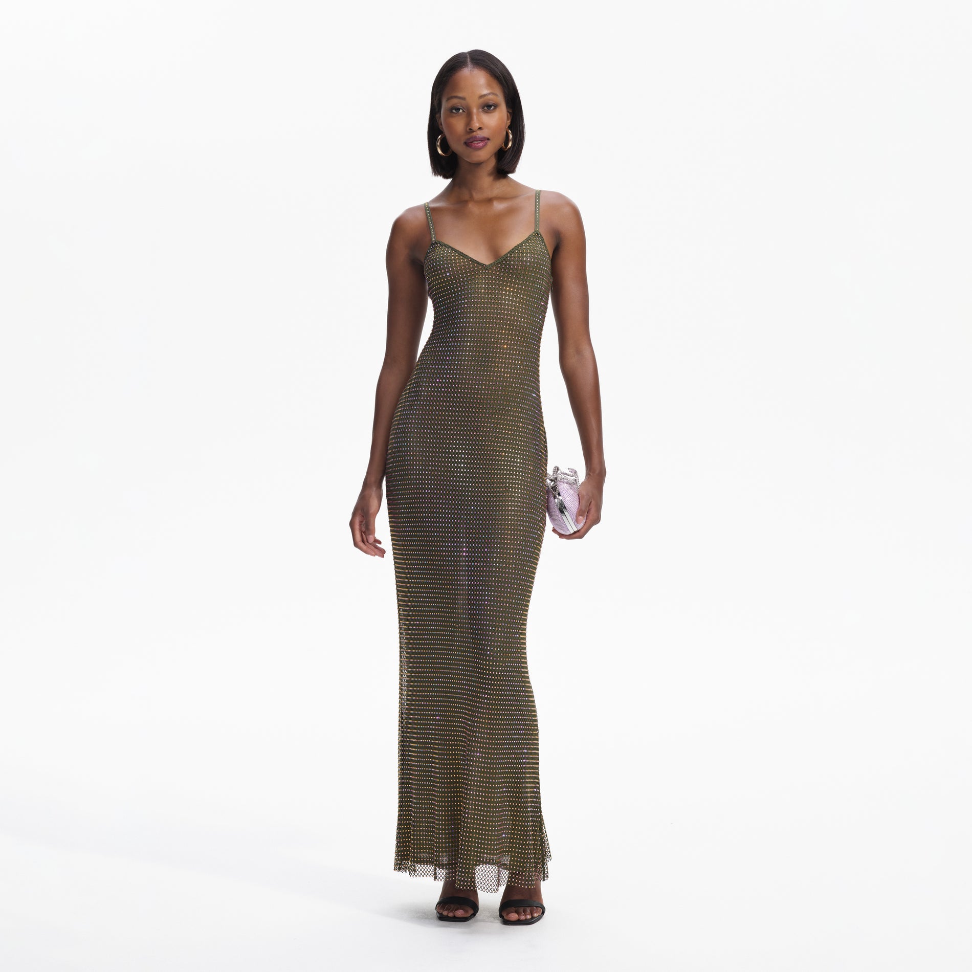 Front view of a woman wearing the Khaki Rhinestone Maxi Dress