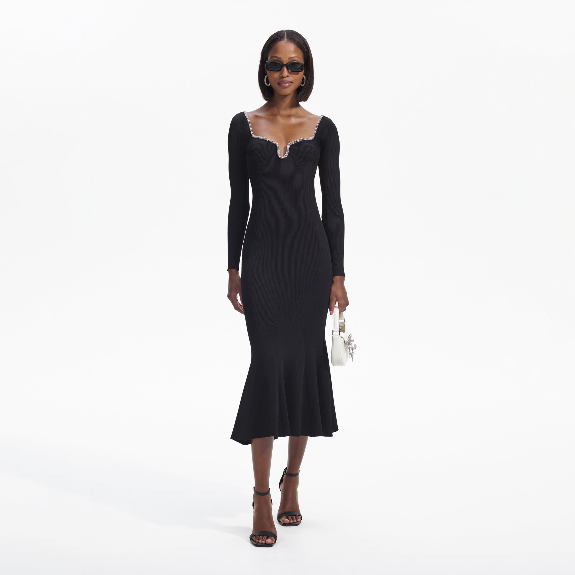 Front view of a woman wearing the Black Knit Diamante Trim Midi Dress