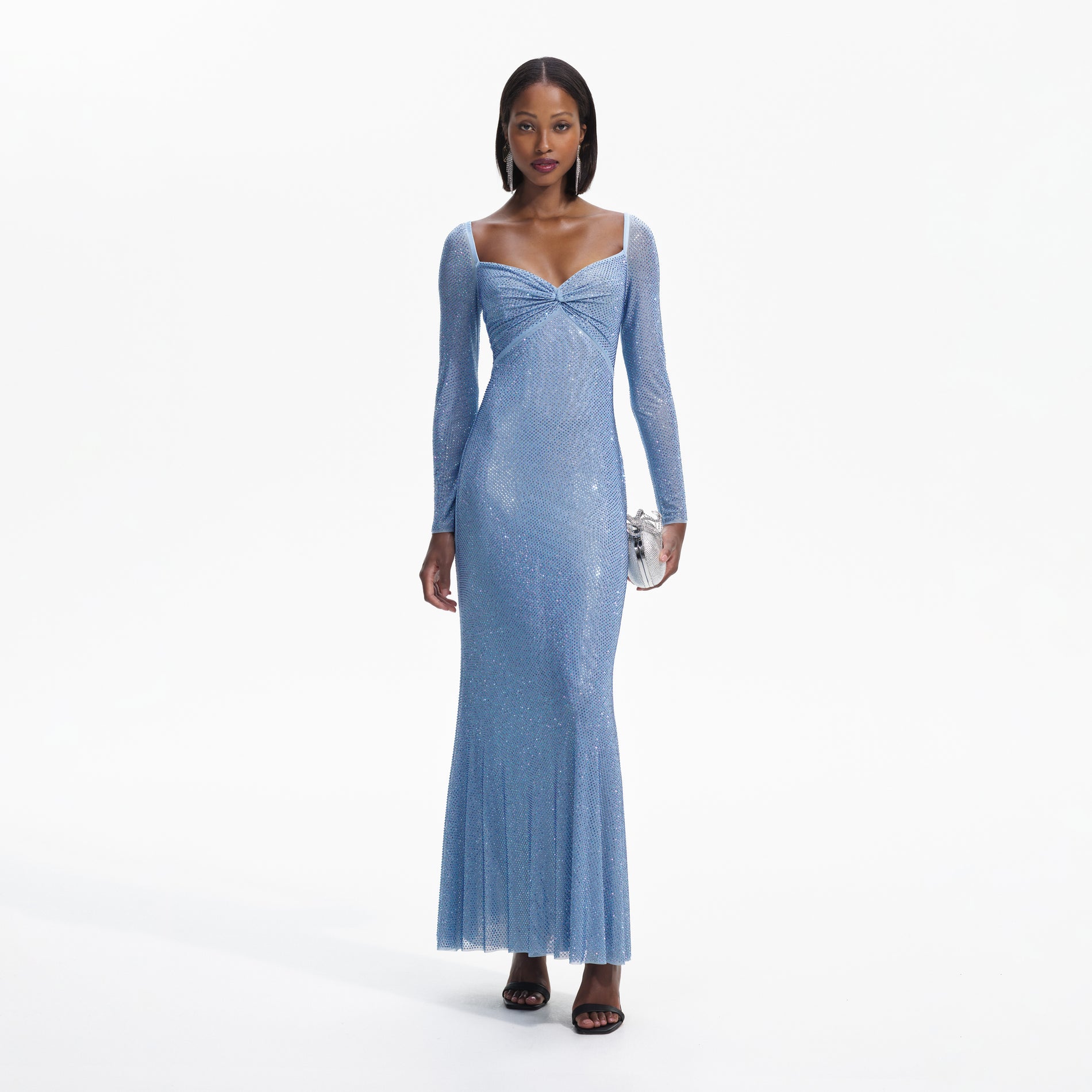 Front view of a woman wearing the Blue Iridescent Rhinestone Maxi Dress