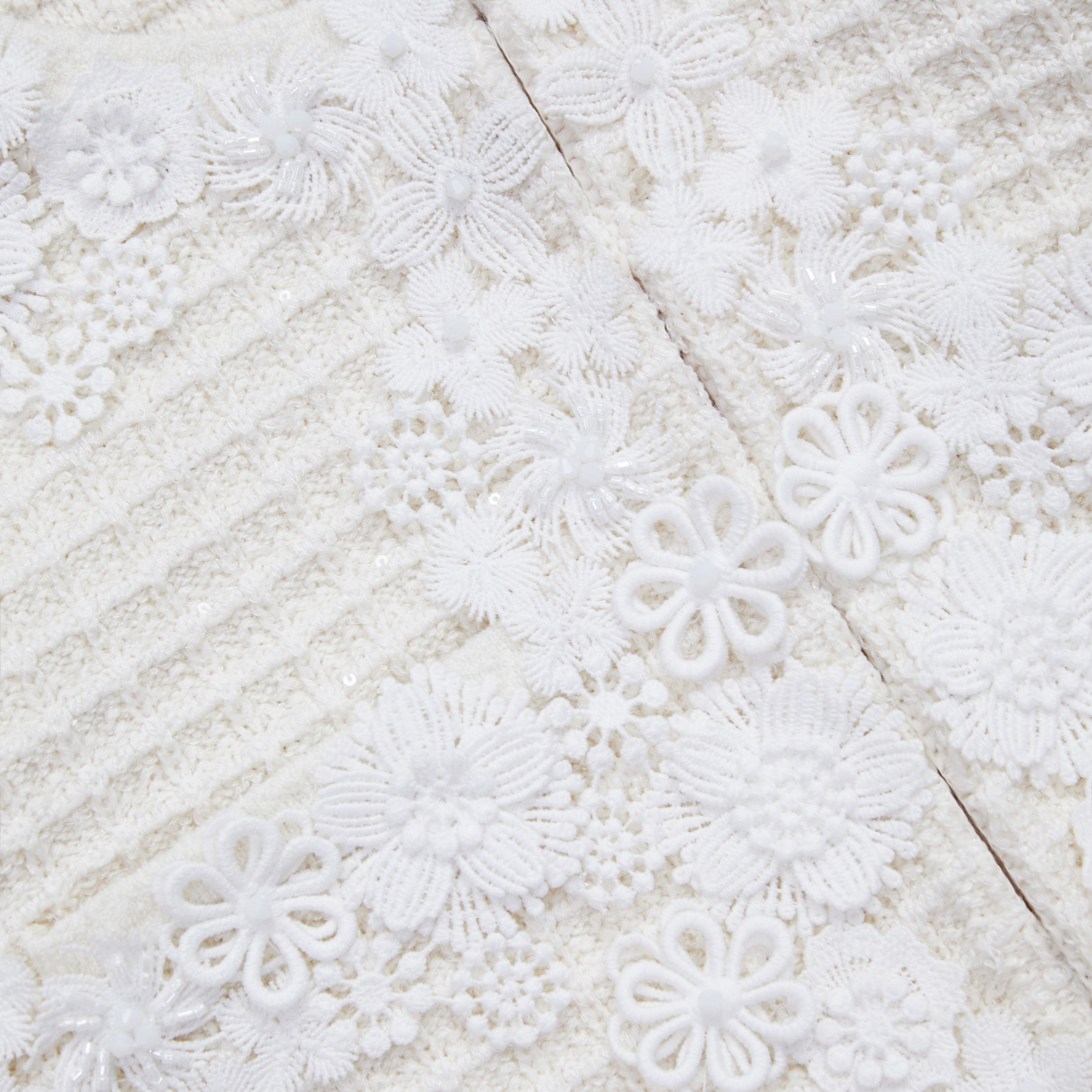 Cream Knit Floral Trim Cardigan