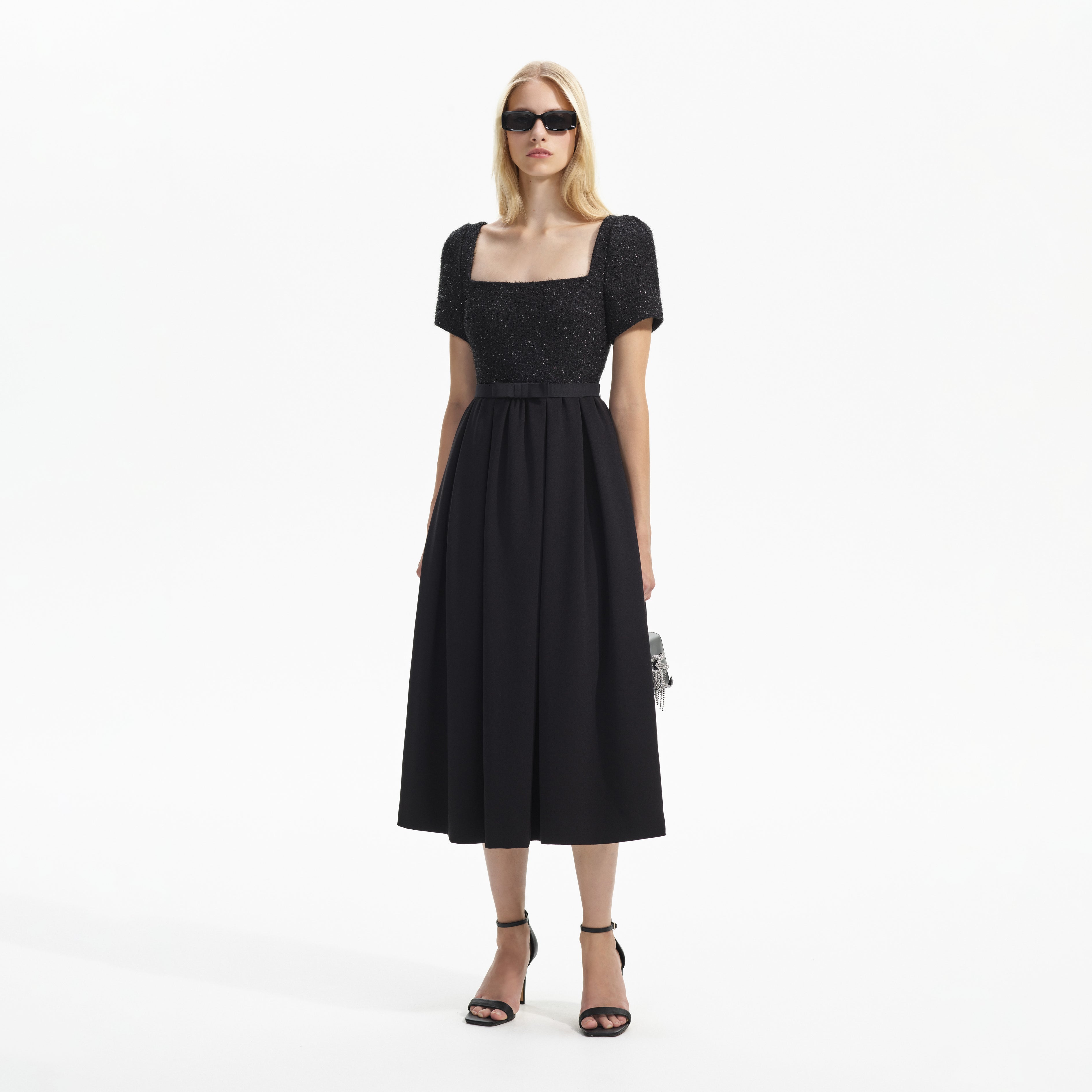 Black Boucle Square Neck Midi Dress
