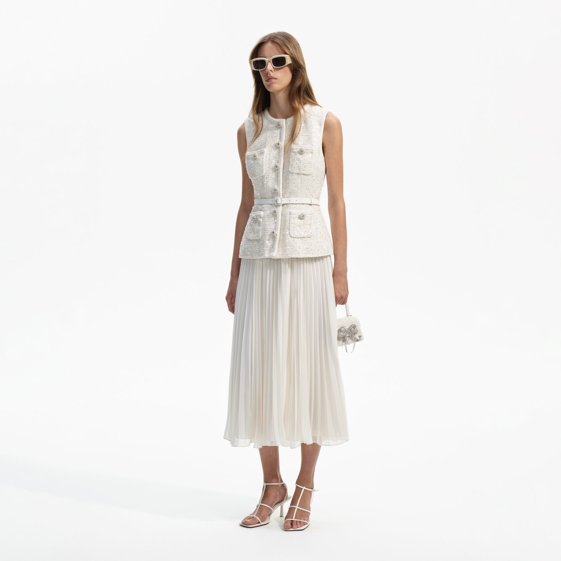 Side view of a woman wearing the Cream Sequin Boucle Tailored Midi Dress