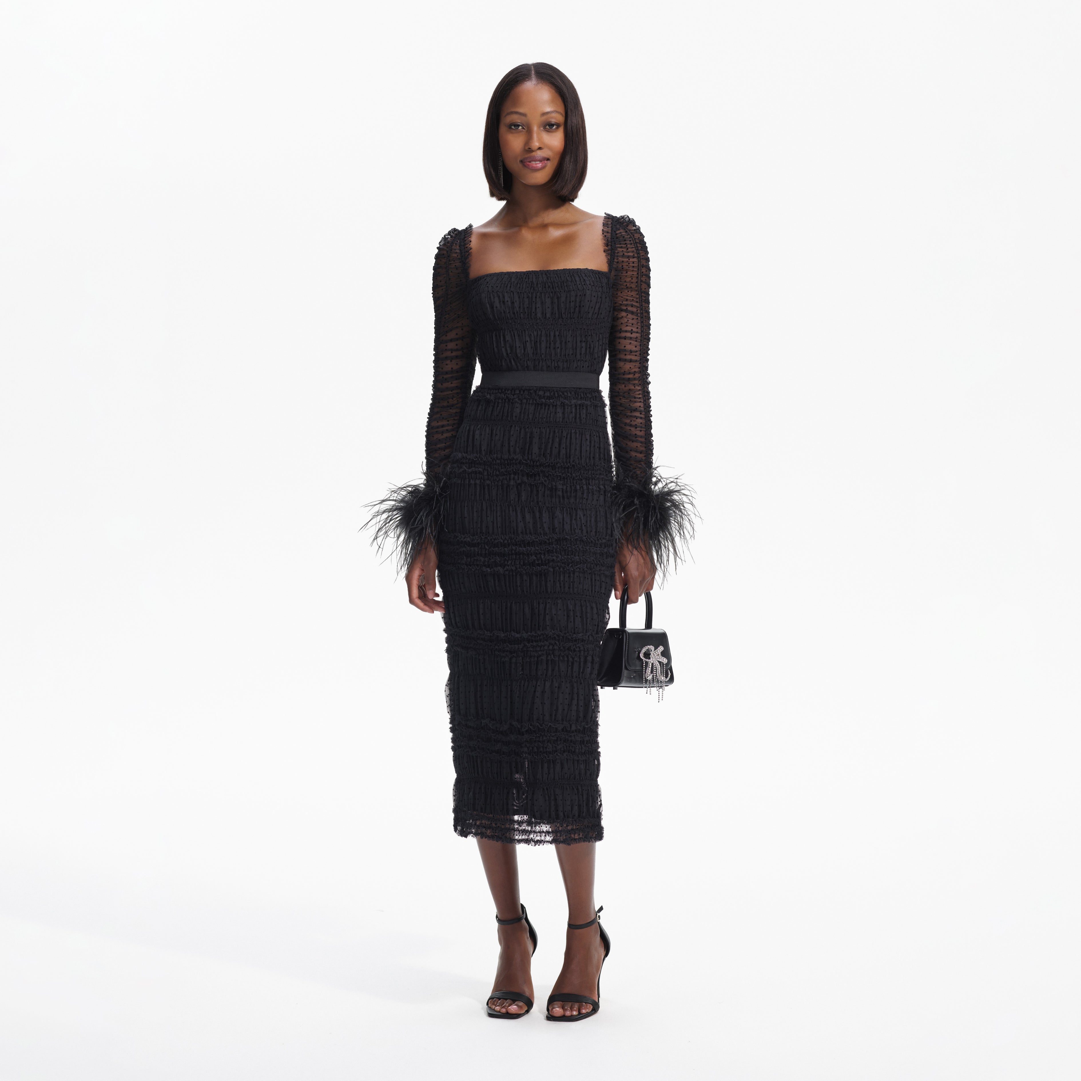 Black Dot Mesh Feather Midi Dress
