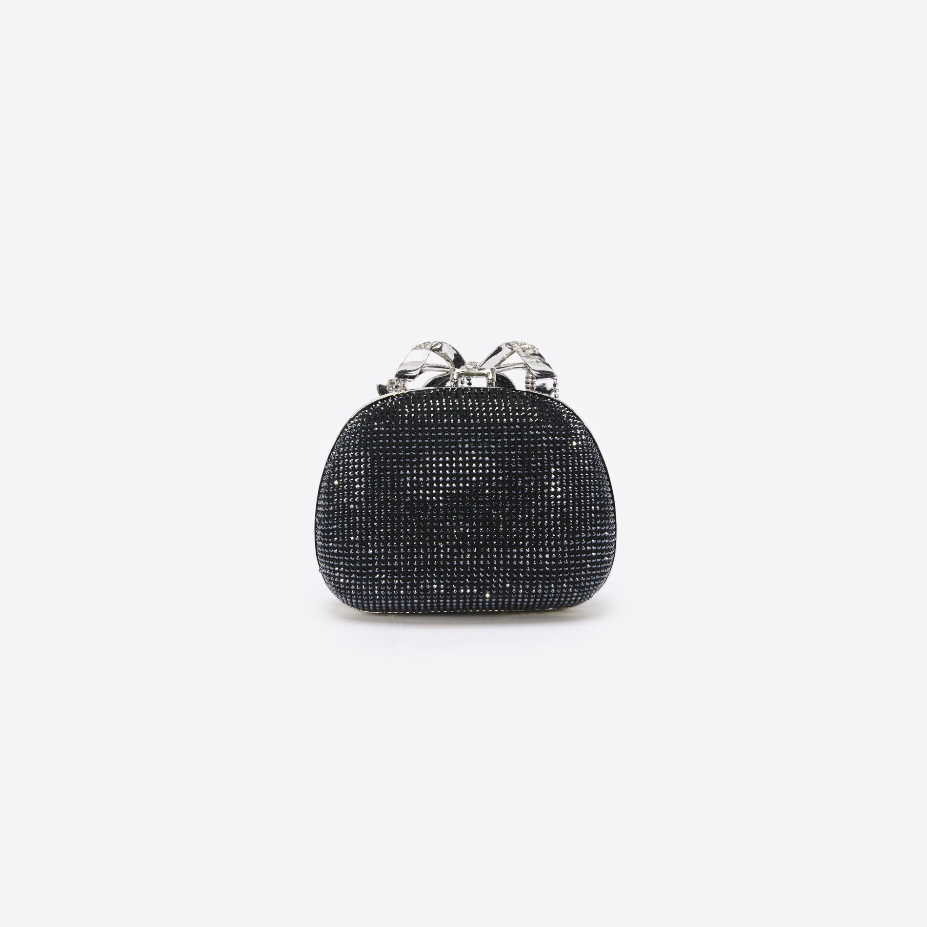Back view of a woman wearing the Black Satin Rhinestone Clutch Bag