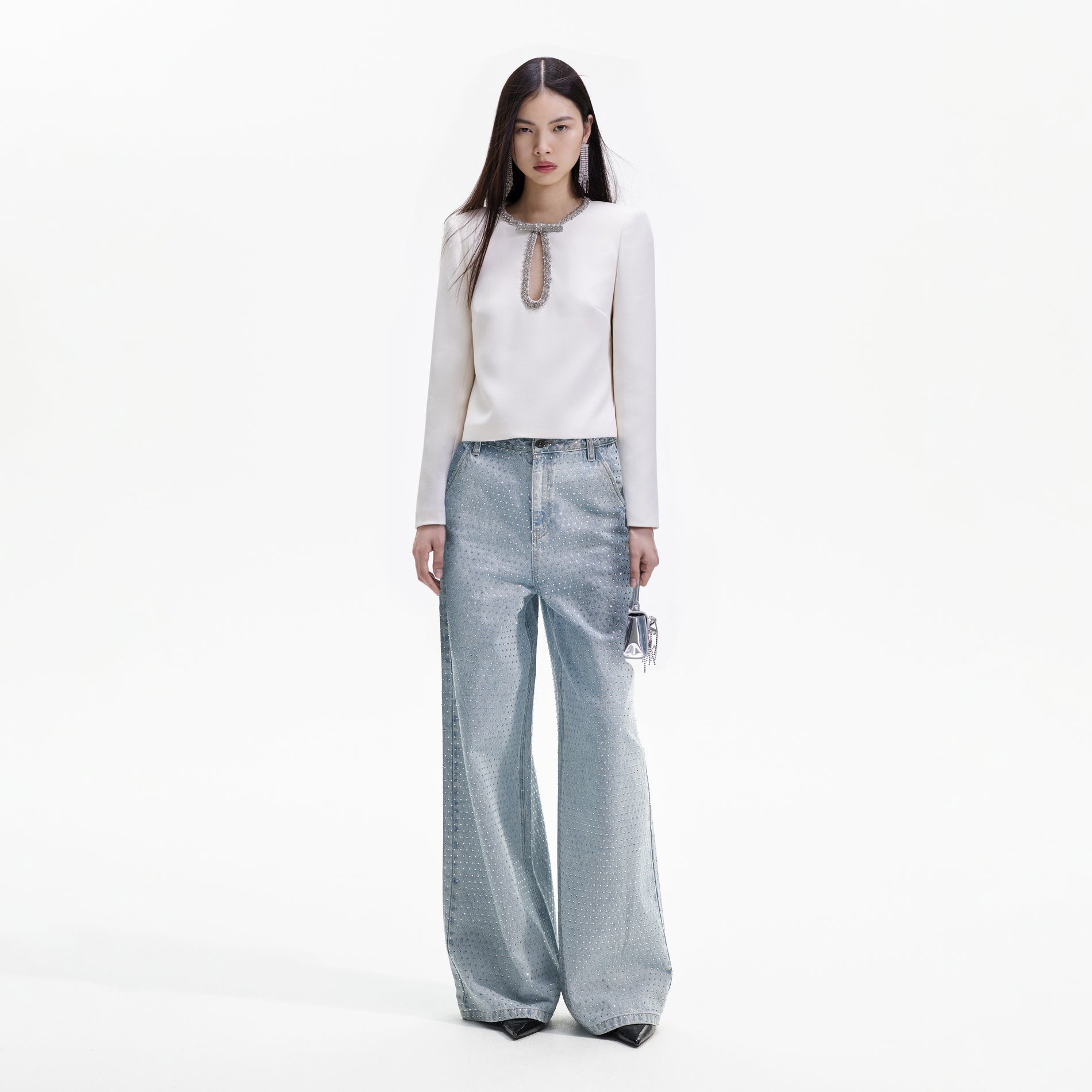 Front view of a woman wearing the Cream Crepe Diamante Top