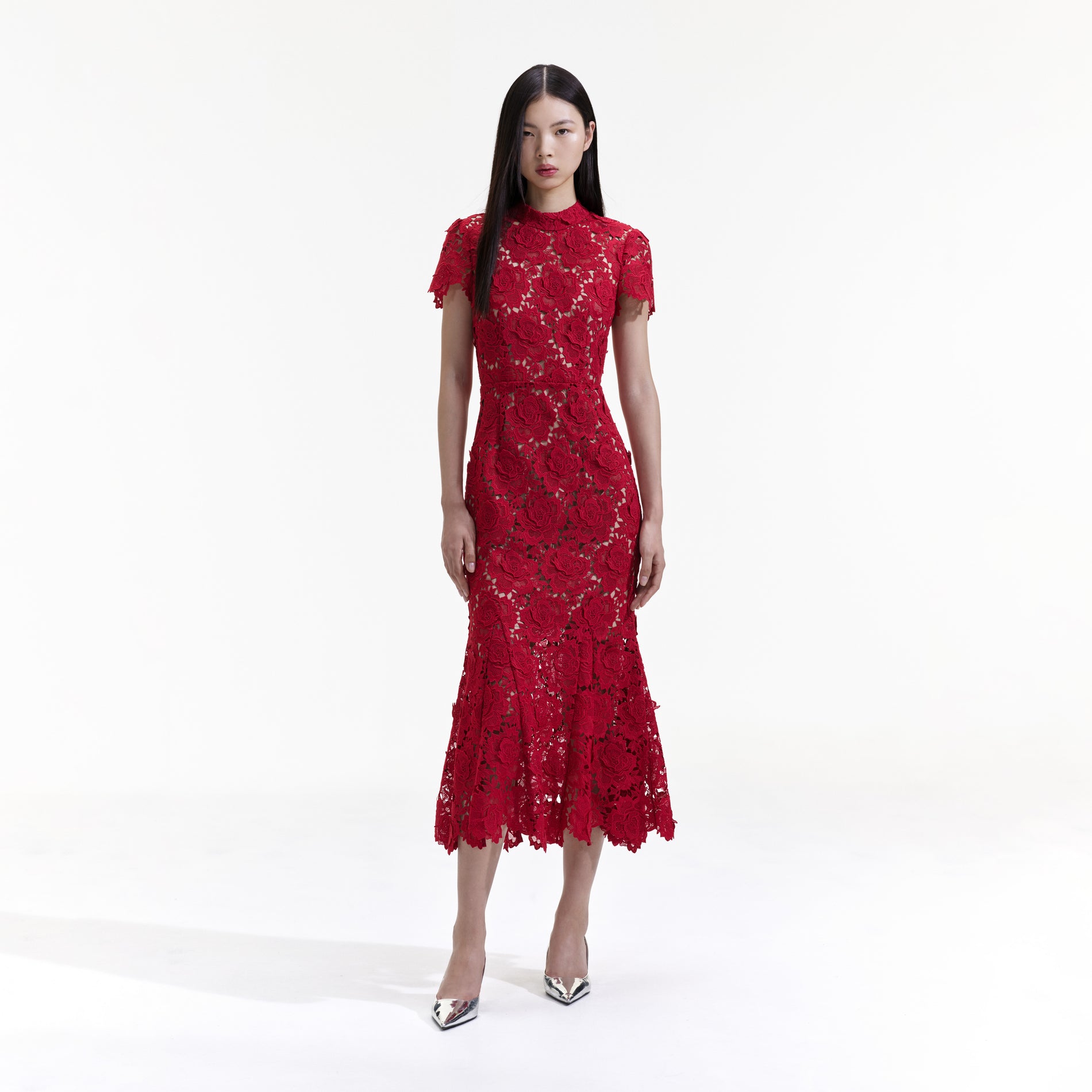 Front view of a woman wearing the Red Flower Lace Midi Dress