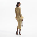 Gold Rhinestone Feather Midi Dress