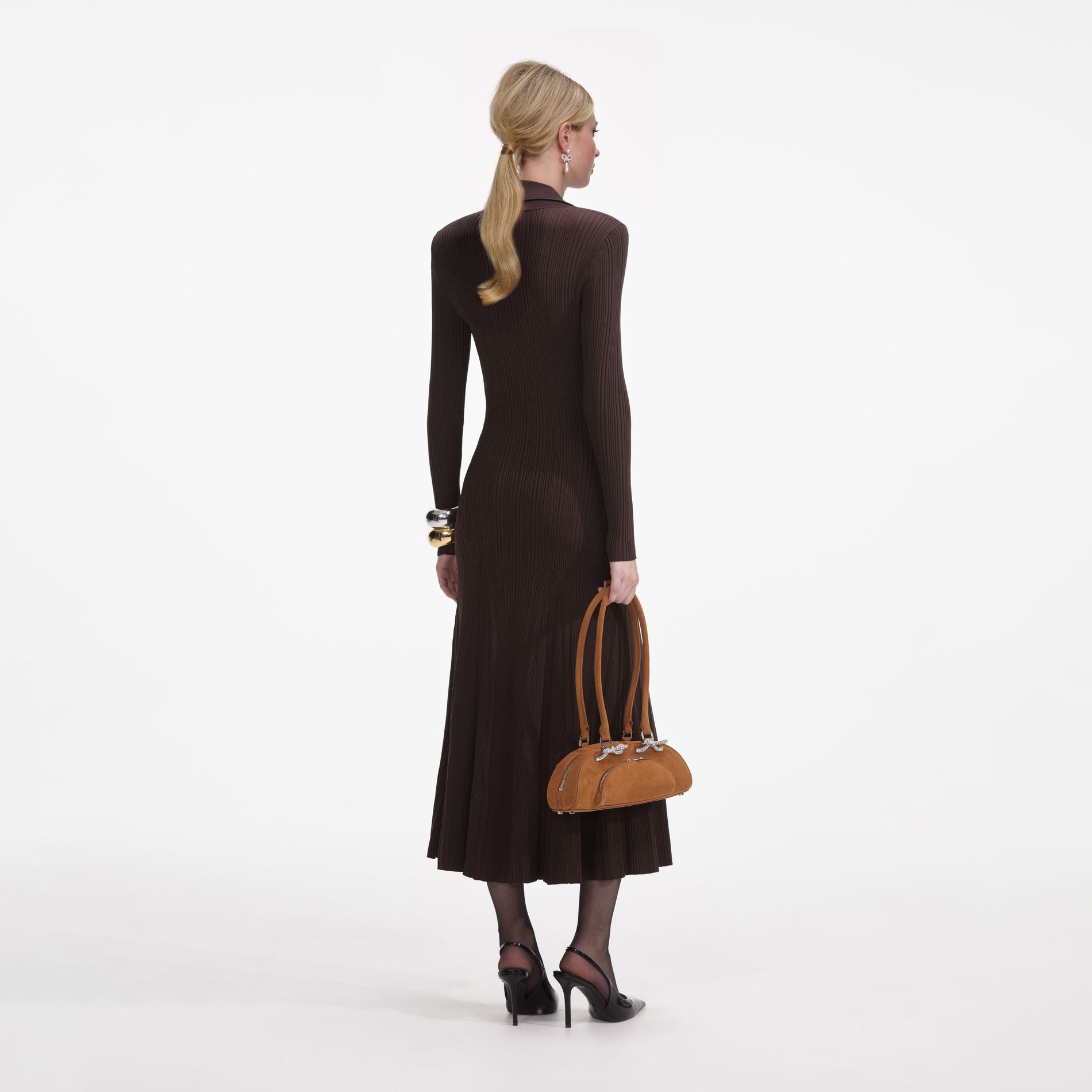Brown Viscose Rib Knit Midi Dress