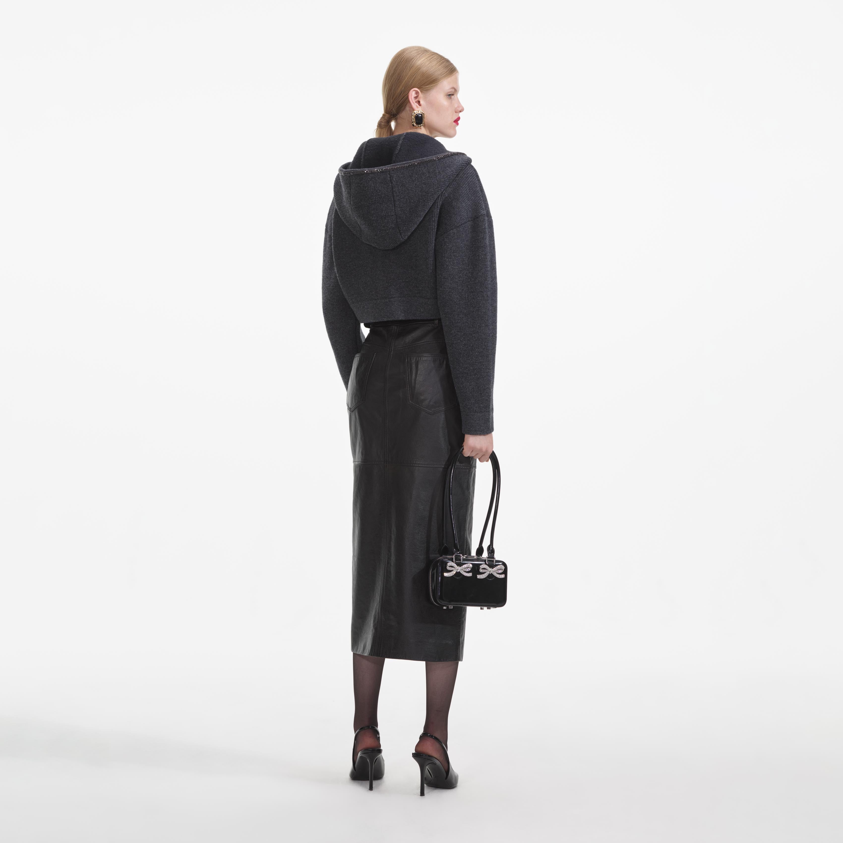 그레이 니트 크롭 후드 티셔츠