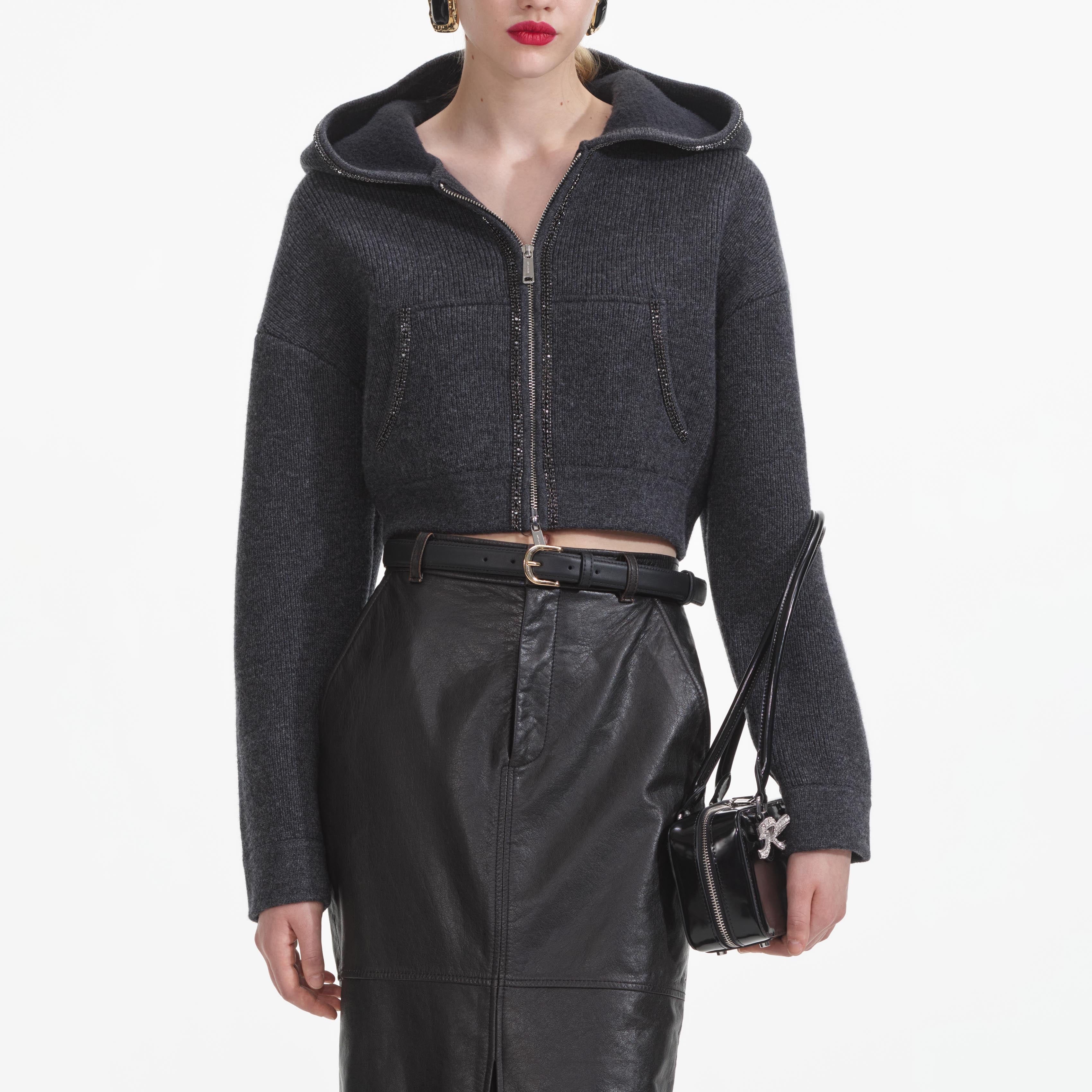 그레이 니트 크롭 후드 티셔츠