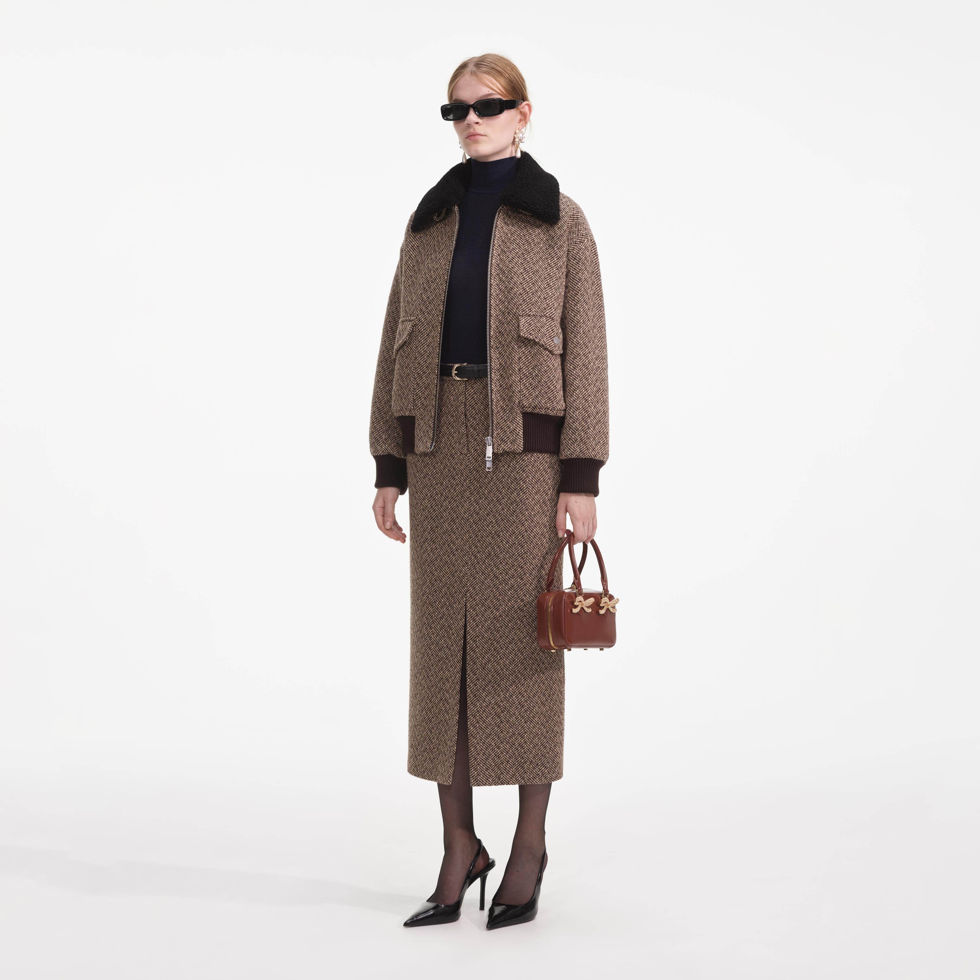 브라운 헤링본 미디 스커트