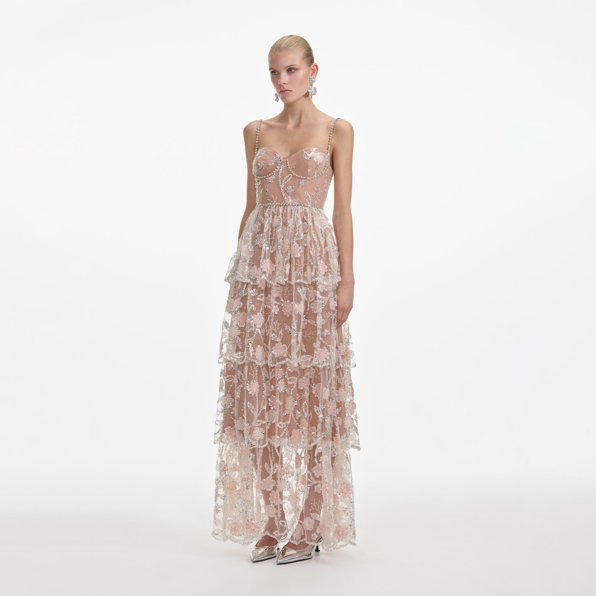 Side view of a woman wearing the Flower Sequin Tier Maxi Dress