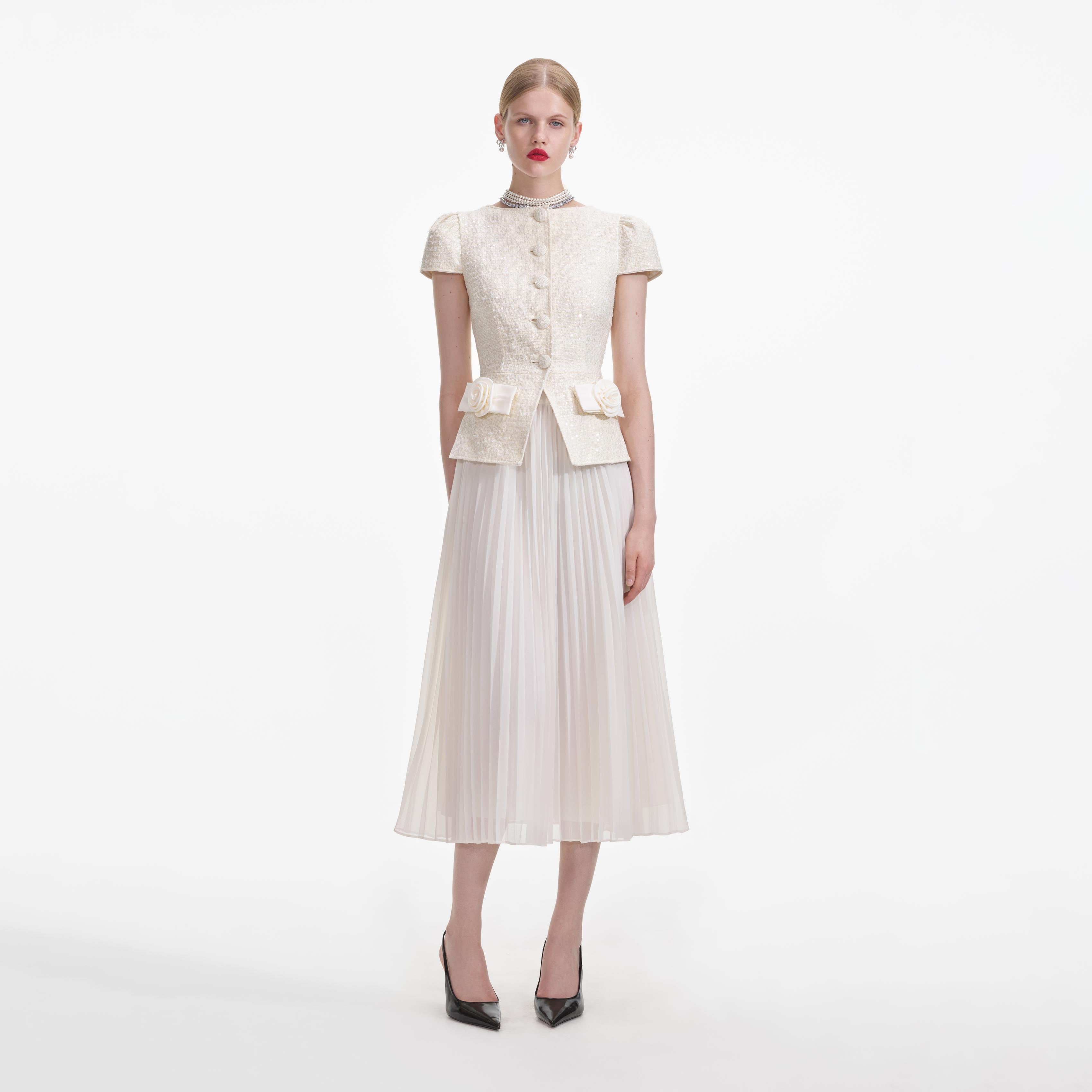 Cream Boucle Bow Detail Midi Dress self-portrait Cream Boucle Bow Detail Midi Dress self-portrait