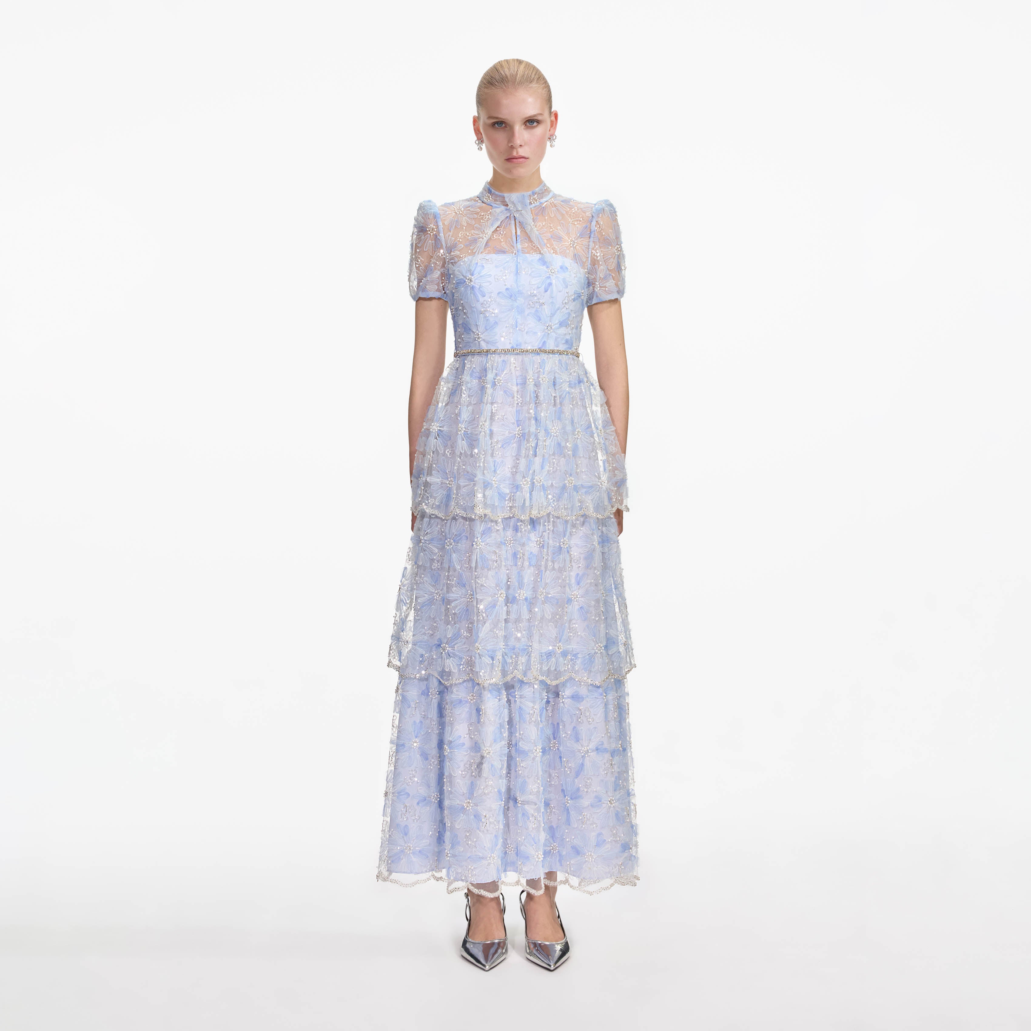 블루 비즈 장식 스팽글 레이스 맥시 드레스