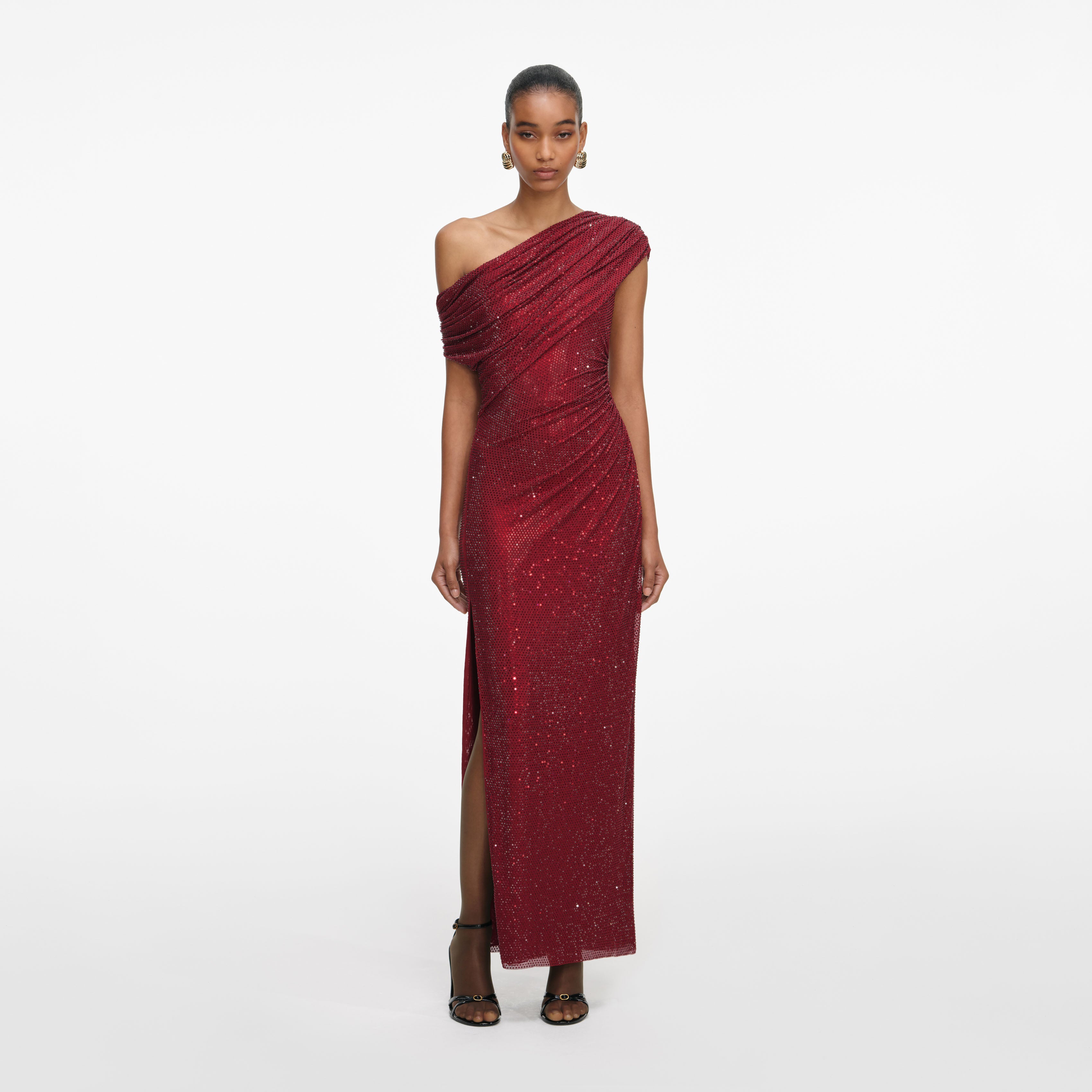 long red midi dress Burgundy Rhinestone Drape Midi Dress – self-portrait