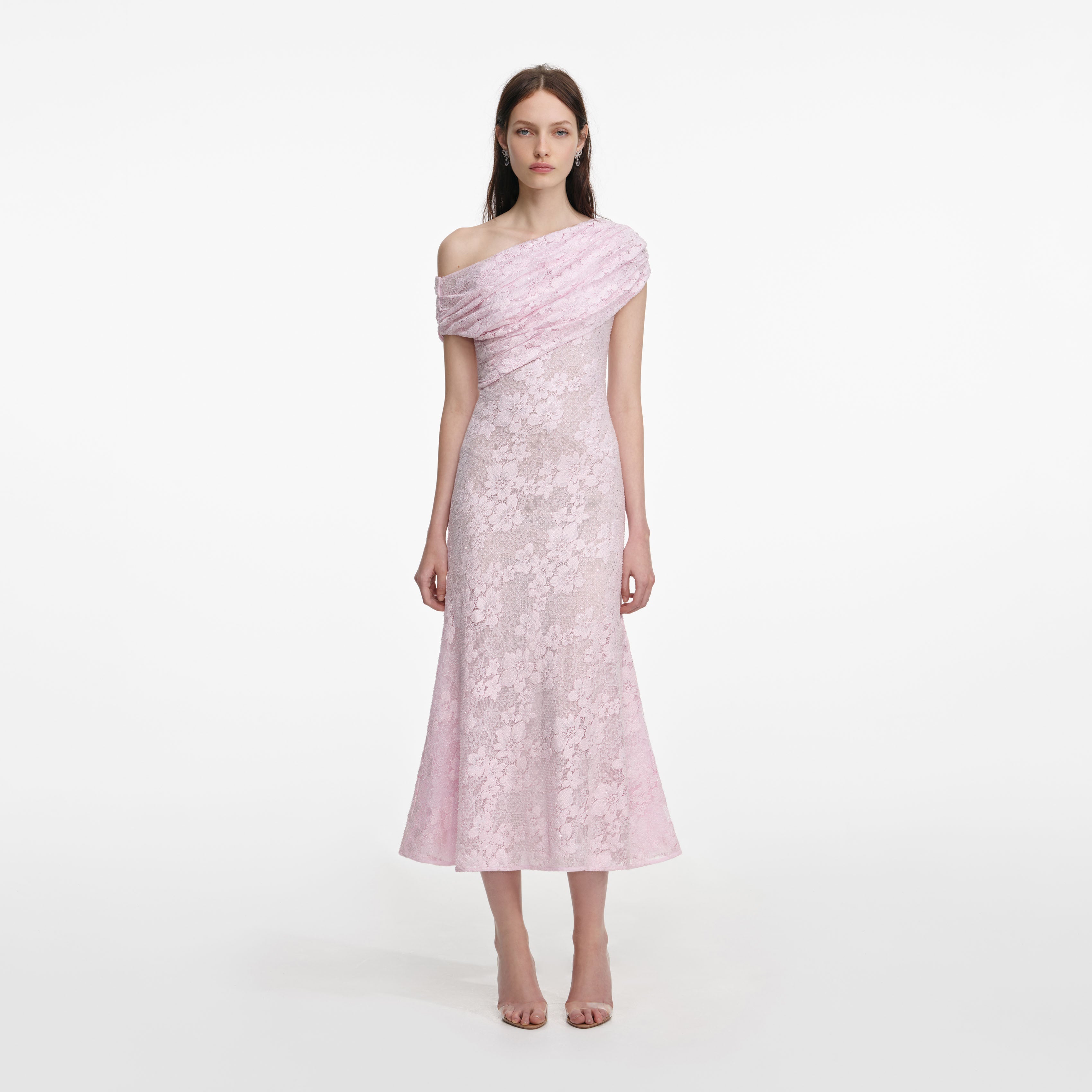 Pink Rhinestone Lace Asymmetric Midi Dress self-portrait Pink Rhinestone Lace Asymmetric Midi Dress self-portrait