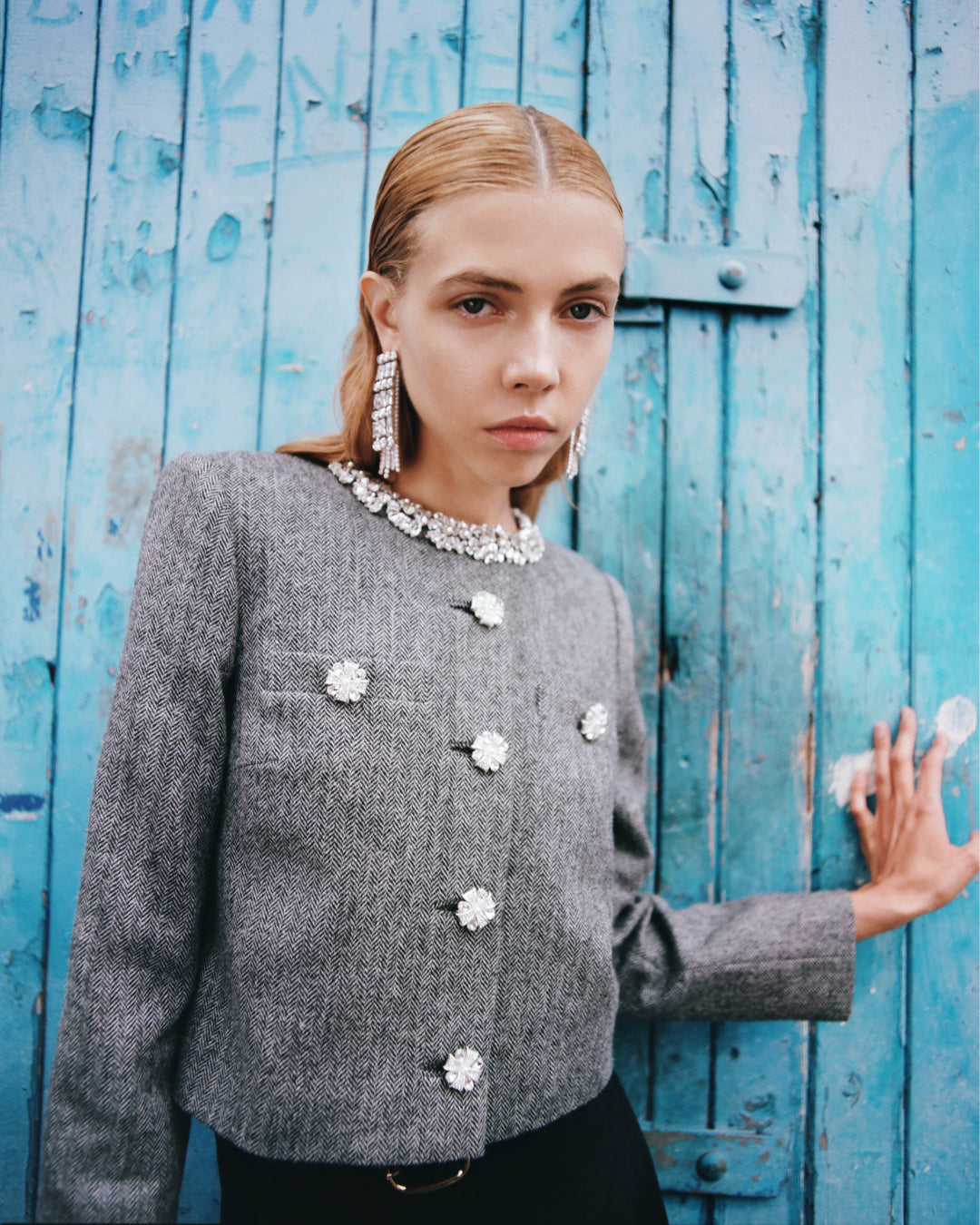 Grey Herringbone Crystal Trim Jacket