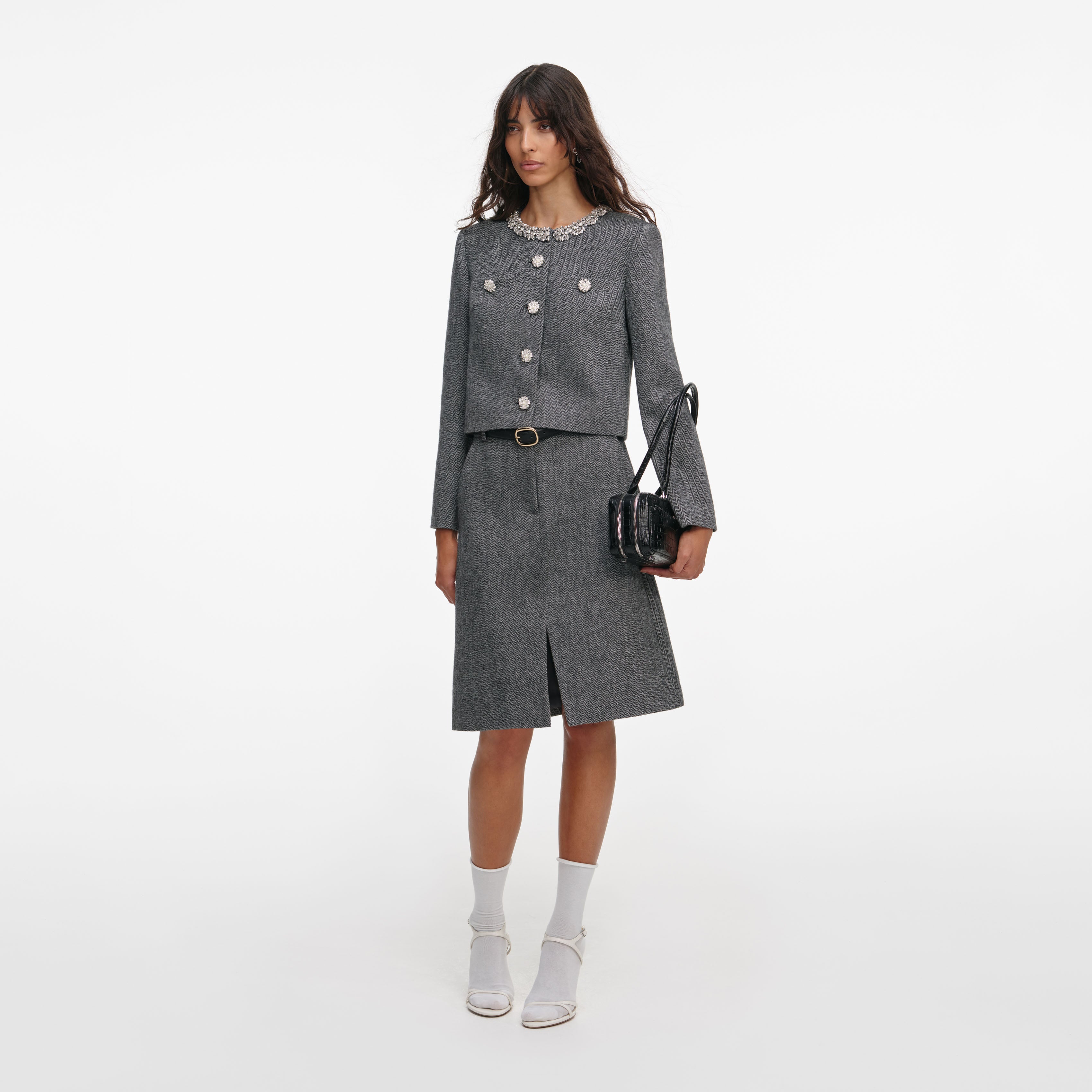 Grey Herringbone Crystal Trim Jacket